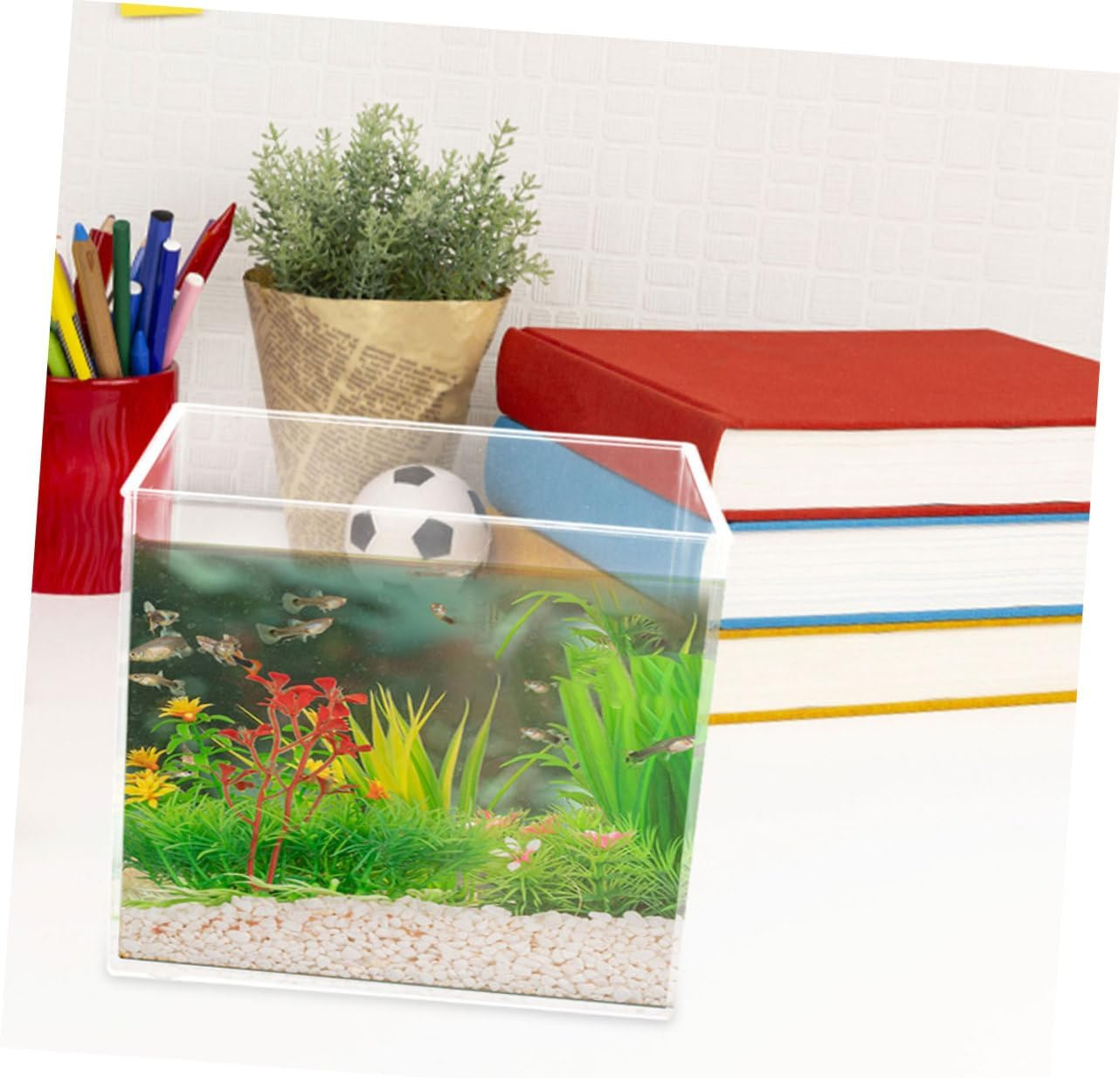 DECHOUS 2Pcs Mini Desktop Fish Aquarium Tank Clear Plastic Small Fish Tank with Open Top Design Portable for Home Office Space Saving Reusable Aquarium for Turtles and Aquatic Pets