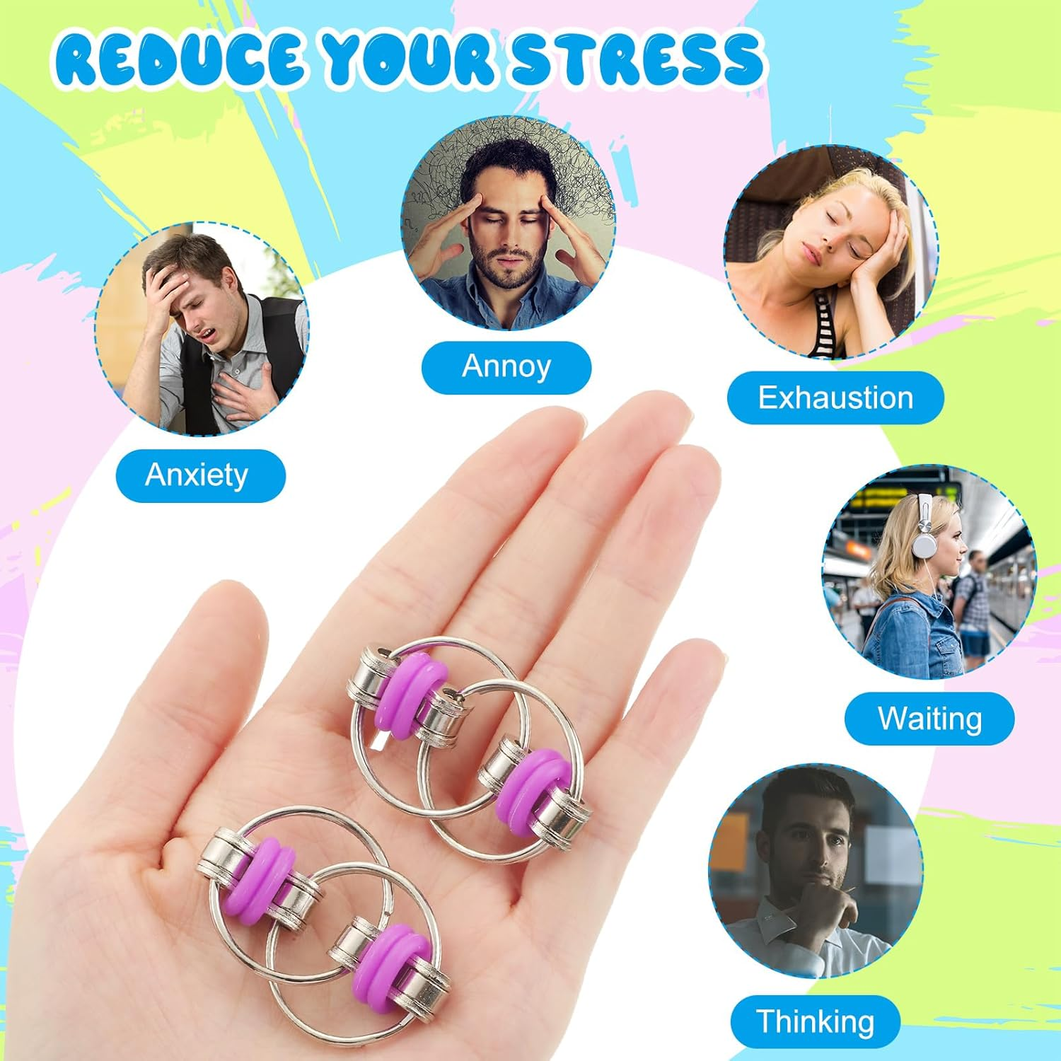 Fidget Bike Chain Flippy Chain Toys for ADHD Stress Relief Finger Toys Fidget Flippy Key Chains for Adults and Teens(20 Pcs,Blue Yellow Red Green Purple) image number 3