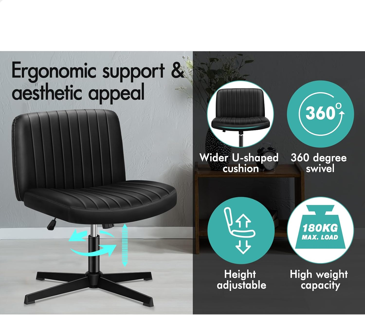 ALFORDSON Armless Criss-Cross Desk Chair with Ottoman Stool, Ergonomic Cross Leg Office Chair with Channel-Tufted Mid-Back Design, Tilt & Height Adjust and Swivel, 180Kg Max, Xavi PU Leather Black - Boucle White image number 7