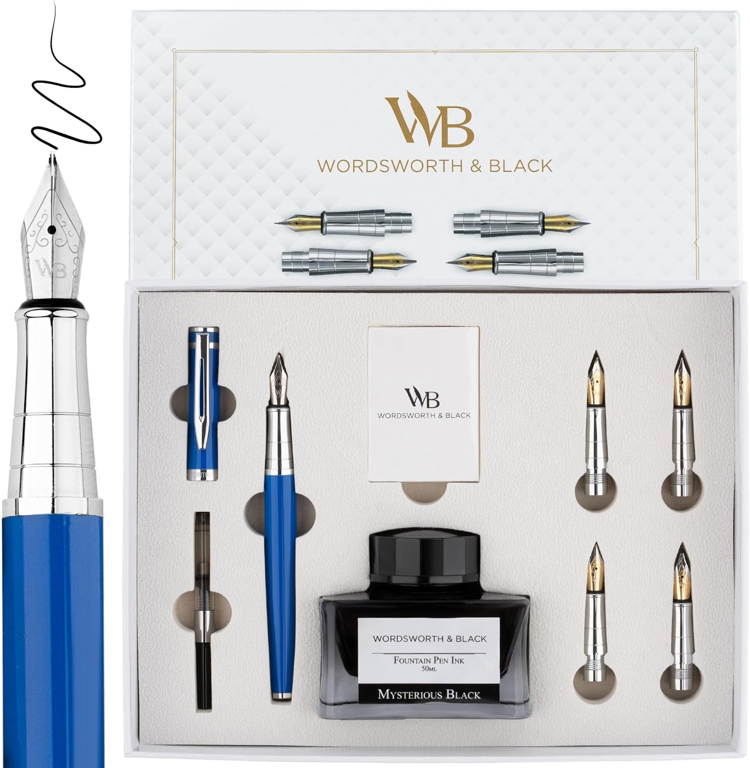 Wordsworth & Black Fountain Pen Gift Set, Includes Ink Bottle, 6 Ink Cartridges, Ink Refill Converter, 4 Replacement Nibs, Premium Package, Journaling, Calligraphy, Smooth Writing Pens [Black Chrome]