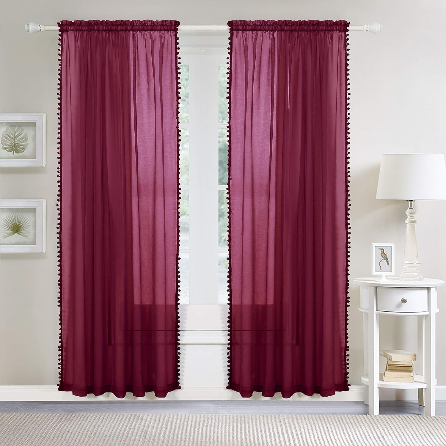 Elegant Comfort Semi-Sheer Pom Pom Tassels Curtains - 2 Panels Set - with 2Inch Rod Pocket - Solid Sheer Curtain Drapes for Living Room, Bedroom, W60 X L84, Burgundy image number 4