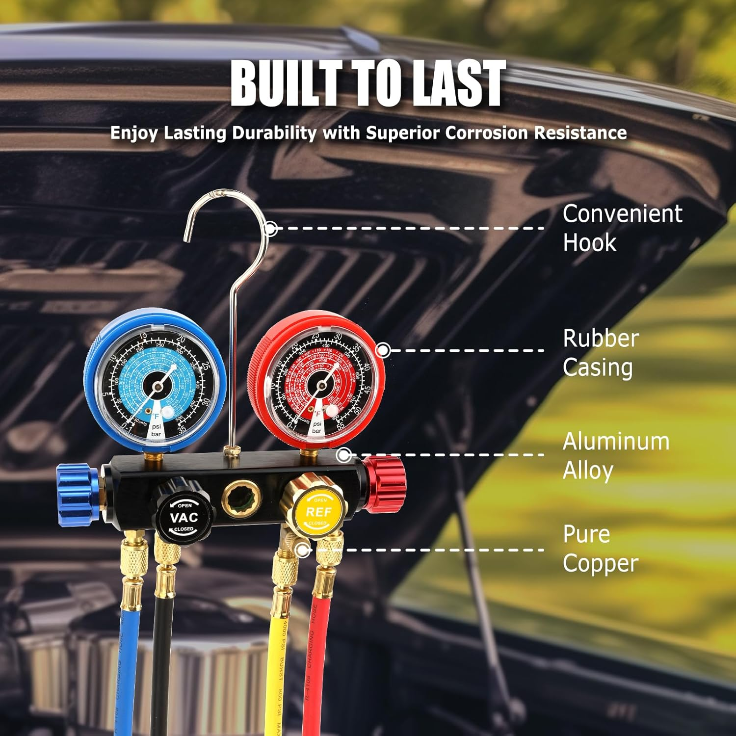 2020 UPGRATE Version 4 Way A/C Manifold Gauge Set Fits R134A R410A R404A R22 Refrigerants with 5FT Hose, 3 Acme Tank Adapters, Adjustable Couplers and Can Tap image number 3