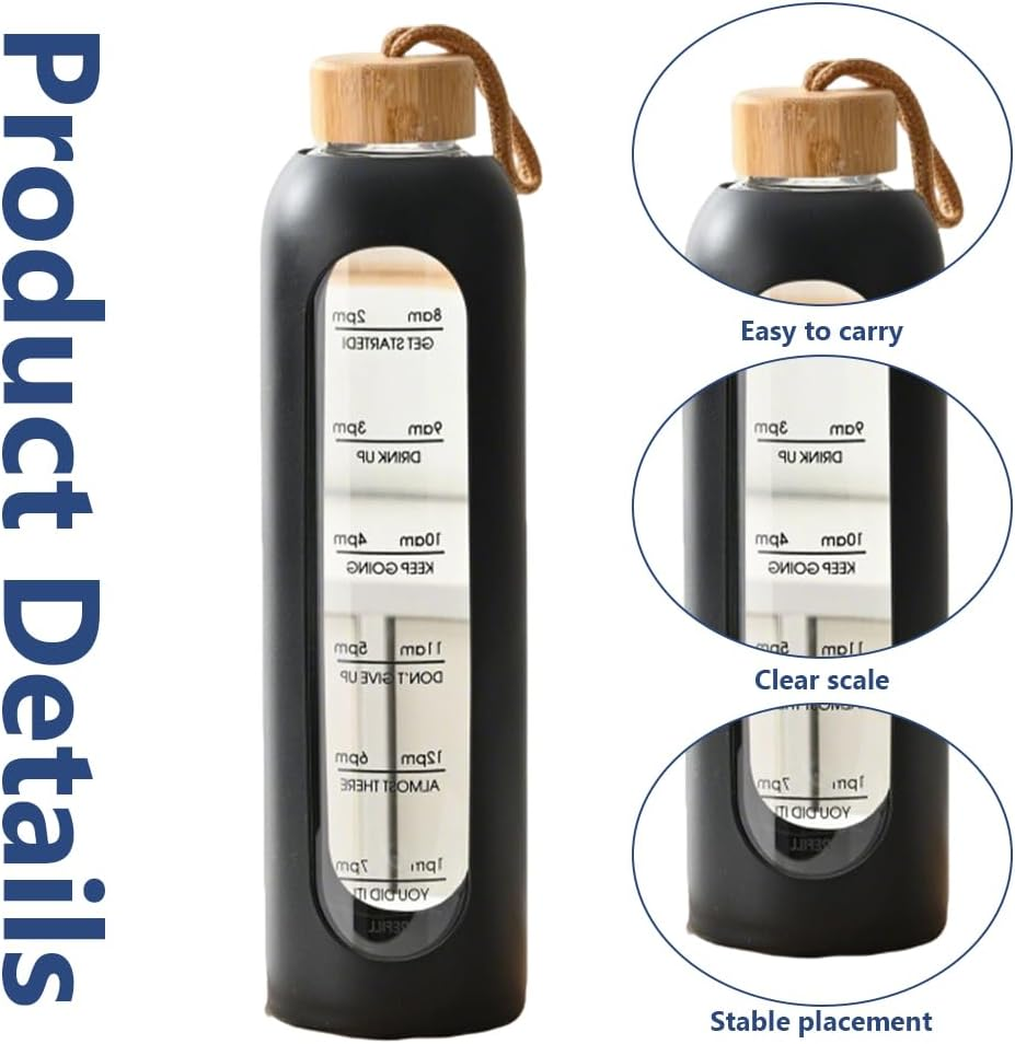 1000 ML Water Bottle, Time Marker Water Cup, Reusable Glass Tumbler, Motivational Water Bottles with Silicone Sleeve and Bamboo Lid, Drop Resistant Water Bottle for Gym Sports Outdoor (8X8X28.5Cm） image number 2