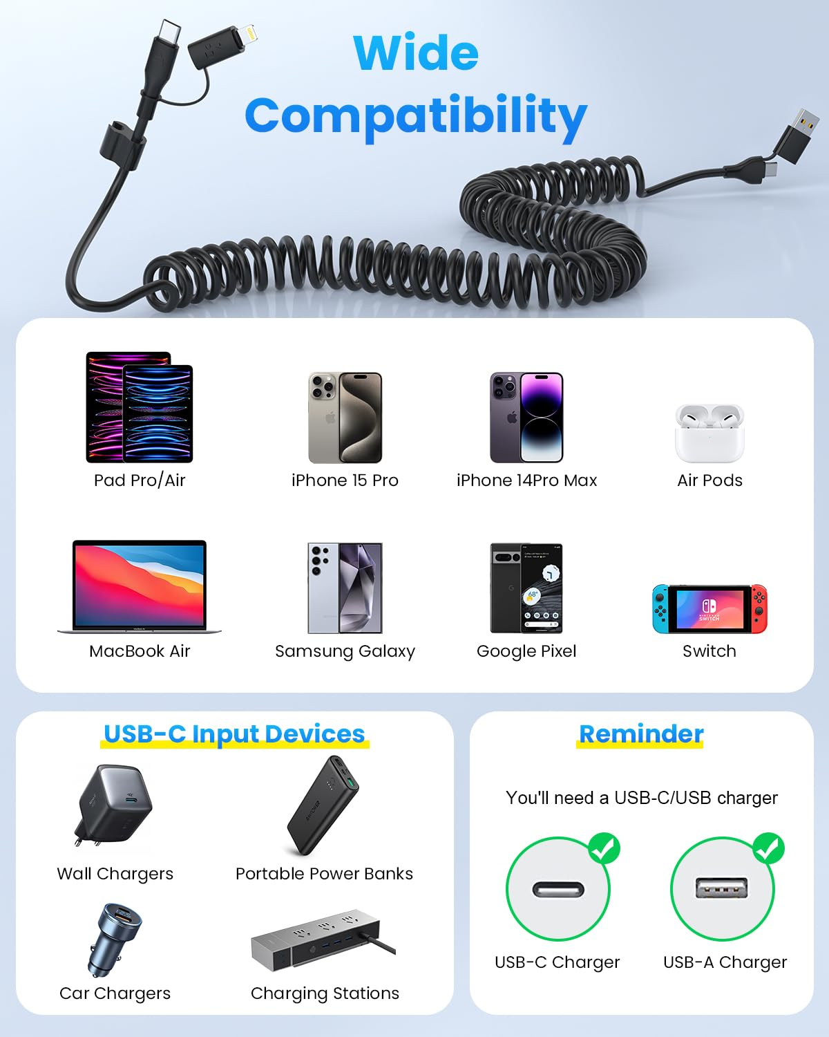 Coiled USB Cable, USB to USB C and Lightn-Ing Cable 4-In-1, Car Carplay Cable, 60W 3A Fast Charging Cord for Iphone 17 16 15 14 13 12 11, Ipad, Macbook, Galaxy, Note & More - 4Ft/Black - Black image number 5