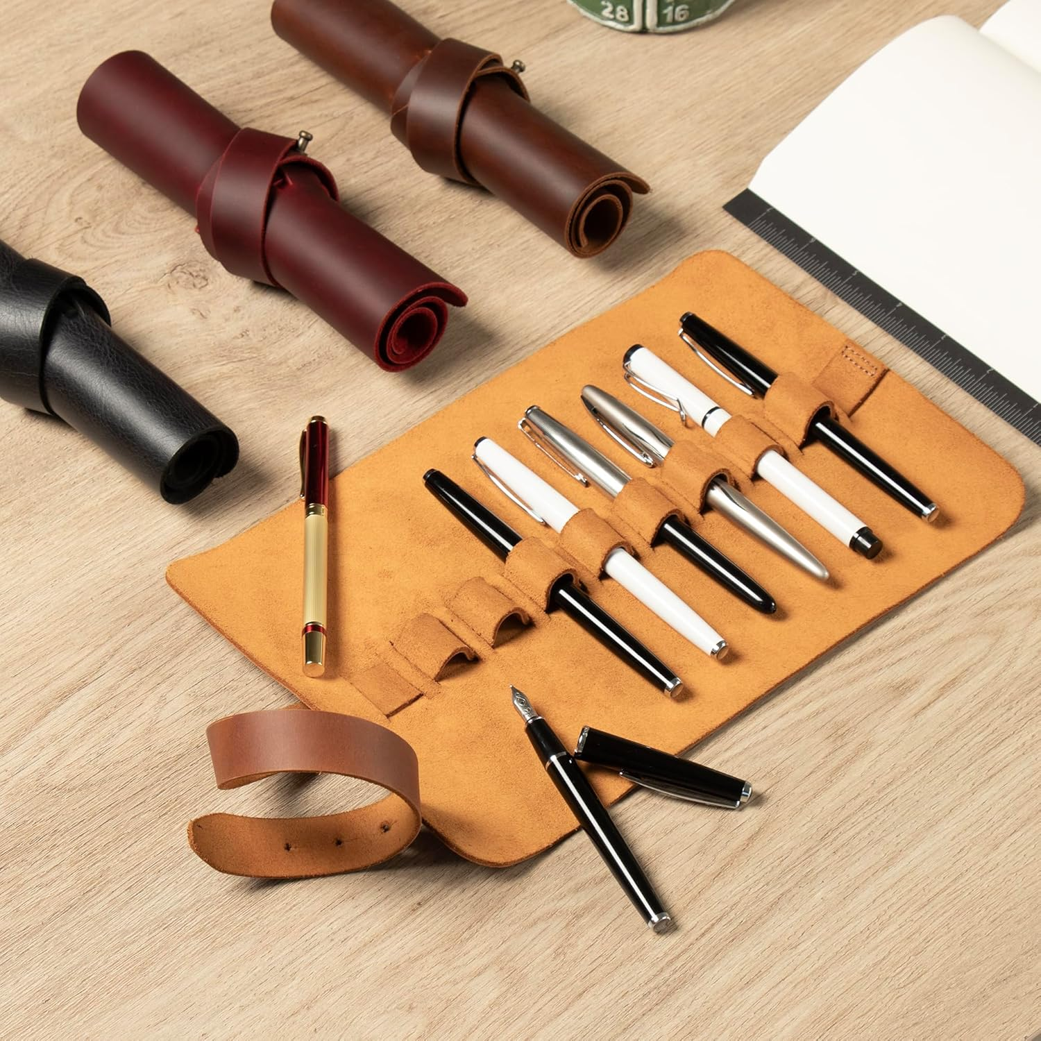 Londo Genuine Leather Pen and Pencil Roll Case - Brown image number 2