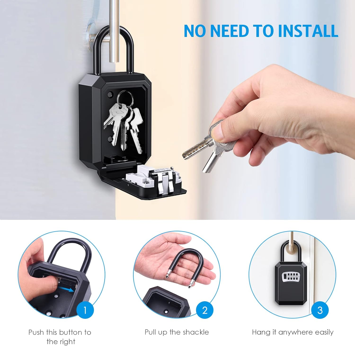 OQIMAX Key Lock Box,Key Safe Box 4 Digit Combination Key Lock Box for Outdoor with Removable Shackle,Weatherproof Key Box,2 Install Ways Hanging &Wall Mounted for Home Warehouse Garage image number 6