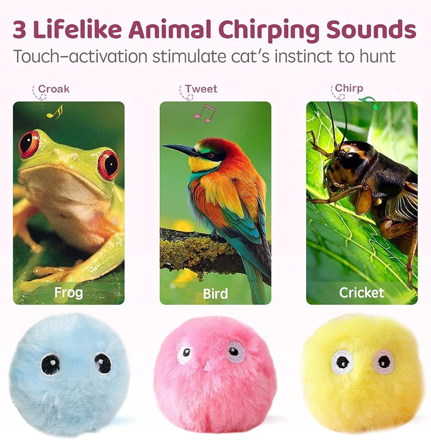 TEAFIRST Interactive Plush Cat Toy Animal Sounds Fluffy Plush Chirping Catnip Toy Balls (Yellow, 1.96Inch)