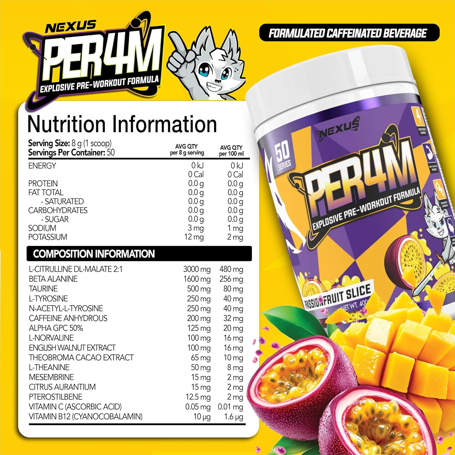 Nexus PER4M Pre Workout Powder Supplement, English Walnut, Alpha GPC, Caffeine Anhydrous, L-Citrulline, Beta Alanine, Taurine, L-Tyrosine, Dairy & Gluten-Free, 50 Servings (400G) (Passionfruit Slice) image number 6