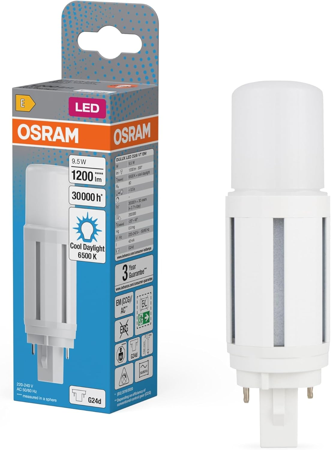 OSRAM DULUX LED Tube D26 VT, G24D, 9.5W, Cool White, 1200Lm, Vertical Mount, Compact Fluorescent Replacement, for KVG Lights, IP20, Plastic, 37.7 Mm image number 1