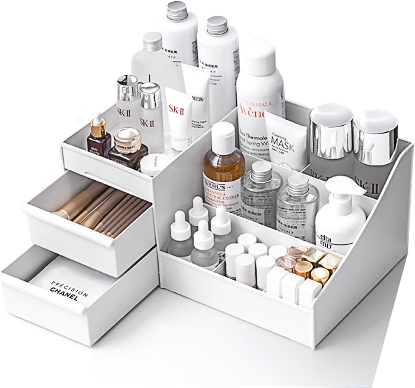 Yotsuba Clarity Cosmetic Organizer with 2 Drawers - Clear Makeup Organizer & Skincare Organizer for Bathroom & Desktop, Multifunctional Jewelry and Cosmetic Organizer Cabinet, White image number 1