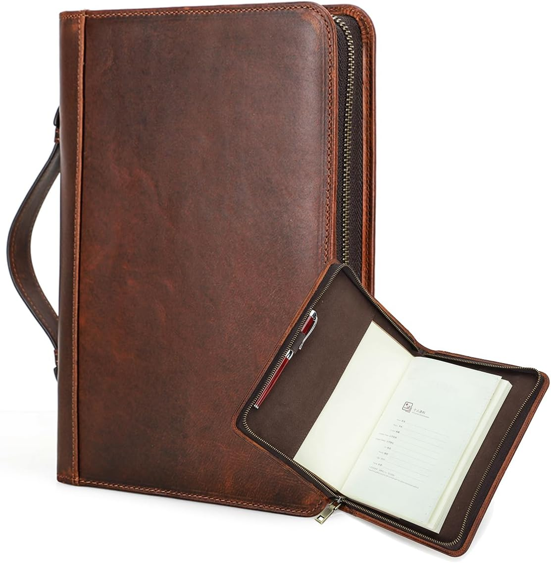 Contacts A5 Notepad Holder Full Grain Leather Portfolio for Work Legal Pad Padfolio Portable Notebook Folder with Zipper Closure and Handle image number 6