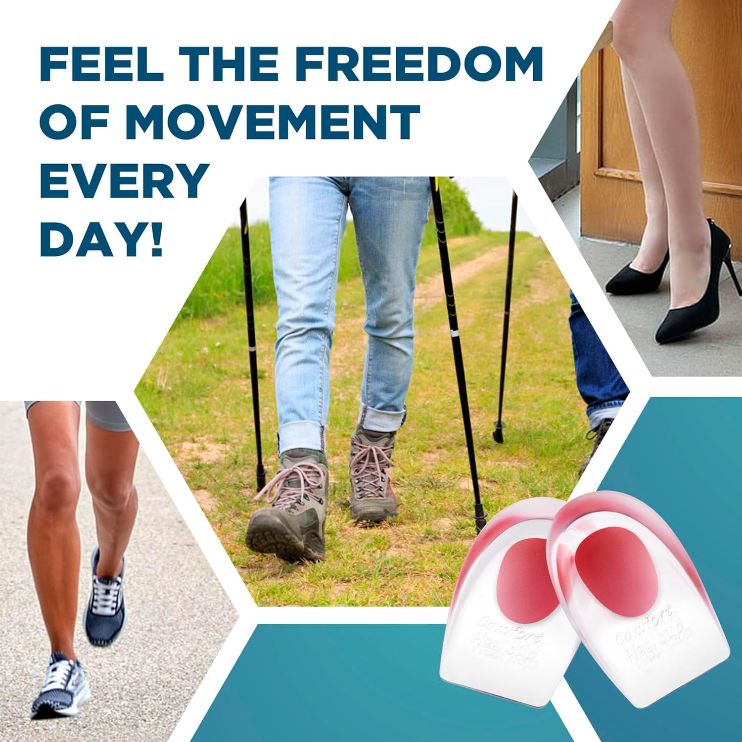 Gel Silicone Heel Cups/Pads, 3 Pairs - Red, Kids Size (Men 3.5-4, Women 5.5-6) image number 2