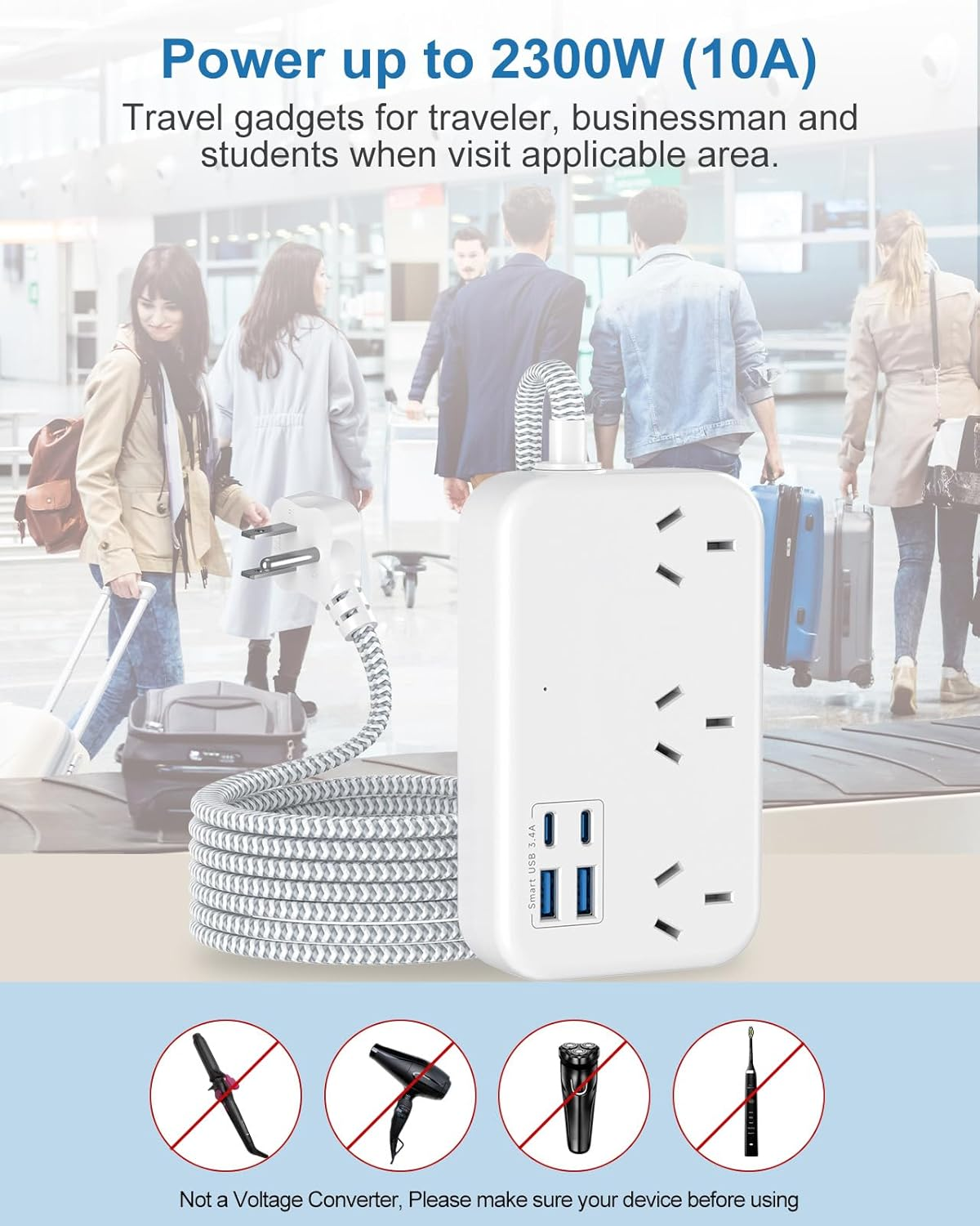 US Travel Adapter, AU to USA Plug Adapter with 3 Outlets 4 USB Ports (2 USB-C) Total Output 17W, Type B Outlet Converter for AU to America, Canada, Mexico image number 1