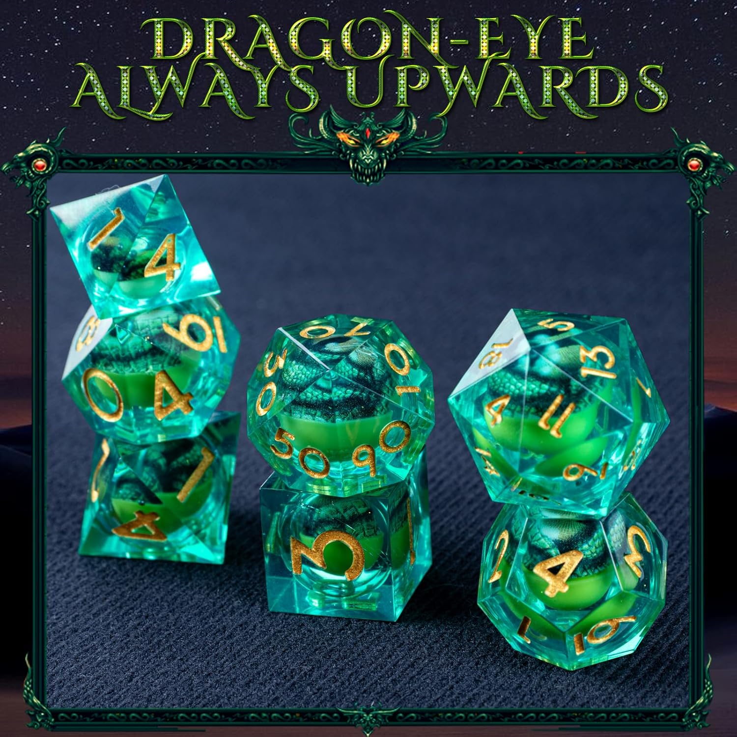 Byhoo DND Rotating Eye of the Dragon Dice Set,7 PCS Transparent Green Polyhedral Dice with Eye of the Dragon,D&D Dice Set for Tabletop RPG Board Games, D&D Enthusiast Dice Gift