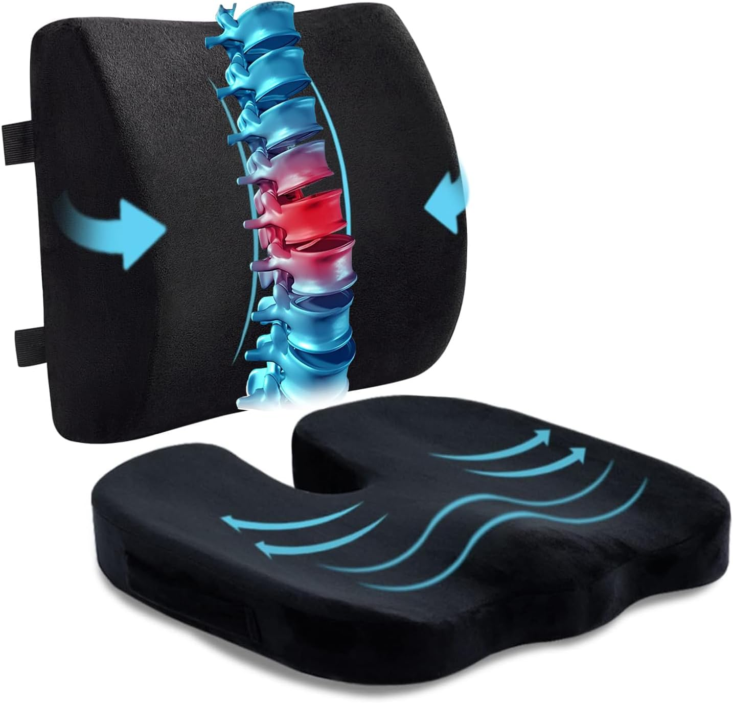 Chair Cushion & Seat Cushion for Office,Memory Foam Lumbar Support for Chair,Car,Back Support with Breathable Cover,Adjustable Straps,For Relieve Pain of Back,Lumbar,Tailbone and Sciatic Nerv,Black image number 6