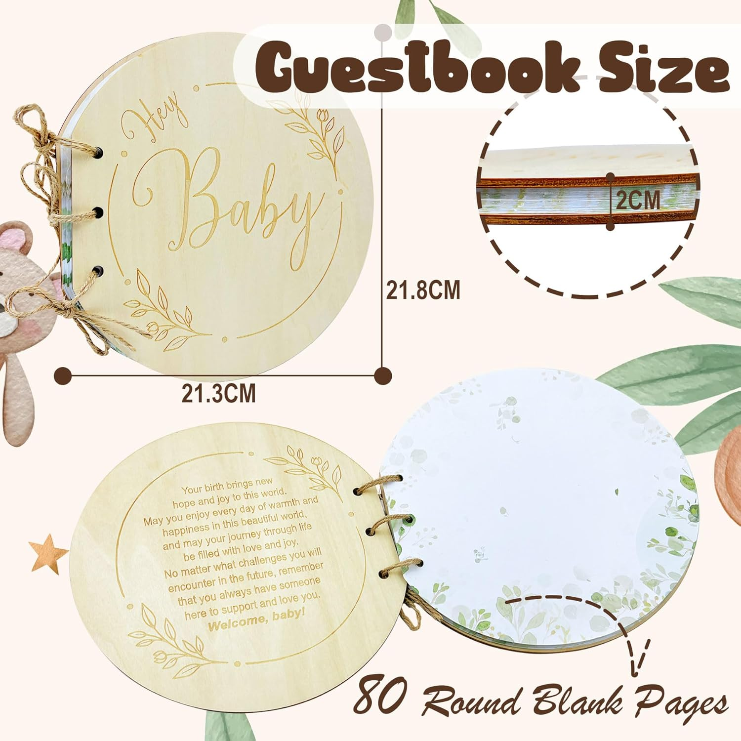 80 Pages Baby Shower Guest Book, Wooden Baby Shower Book Registry for Guest Check-In, Blessings for the Baby and Advice for New Parents and Moms-To-Be