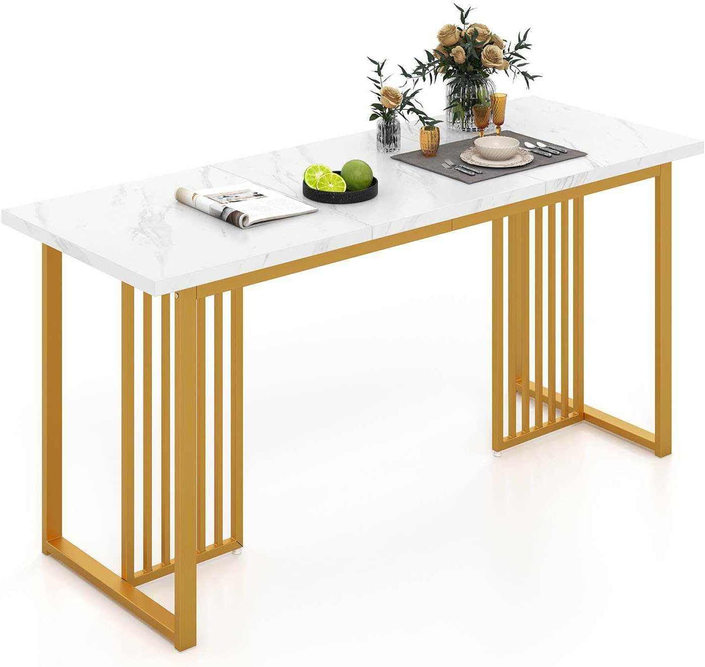 Giantex 160CM Modern Dining Table for 6-8 People, Rectangular Kitchen Table W/Faux Marble Tabletop, Metal Legs, Large Dinette Table for Dining Room, Living Room, Restaurant, Gold & White image number 2