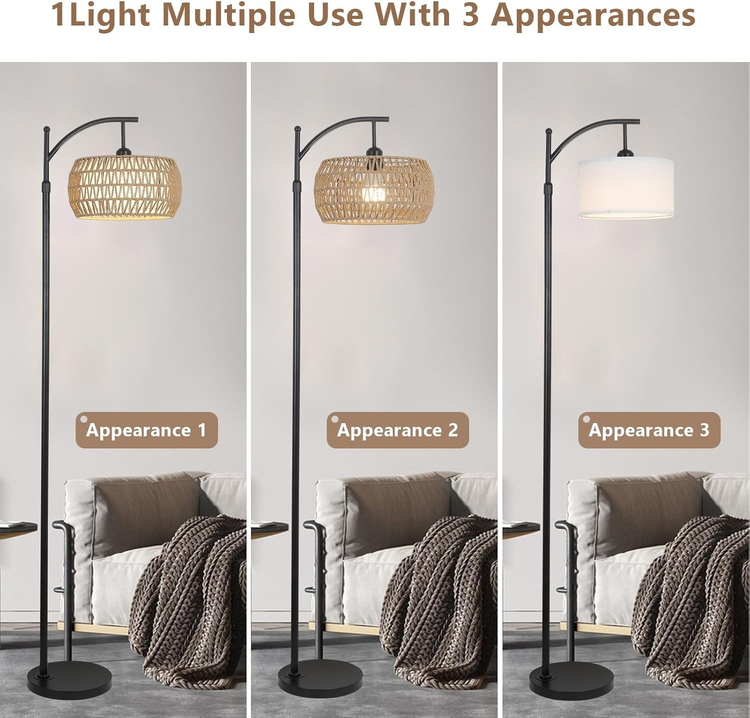 Arc Floor Lamp, Dimmable LED Floor Lamp with 3 Color Temperature, Black Standing Lamp with Rattan & Fabric Double Drum Shade, Boho Farmhouse Tall Pole Lamp for Living Room Bedroom (Type A) image number 6