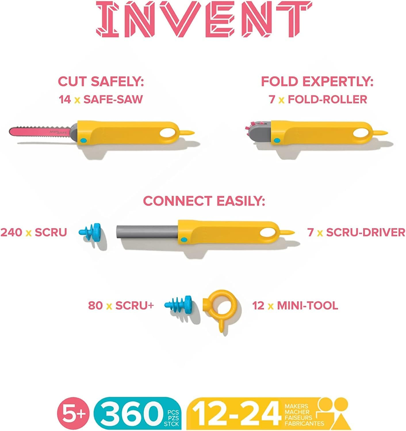 Makedo Invent | Cardboard Construction Tools for Kids Age 5+ | 360 Piece Toolkit in Large Sized Toolbox | Perfect for Classroom STEM Learning