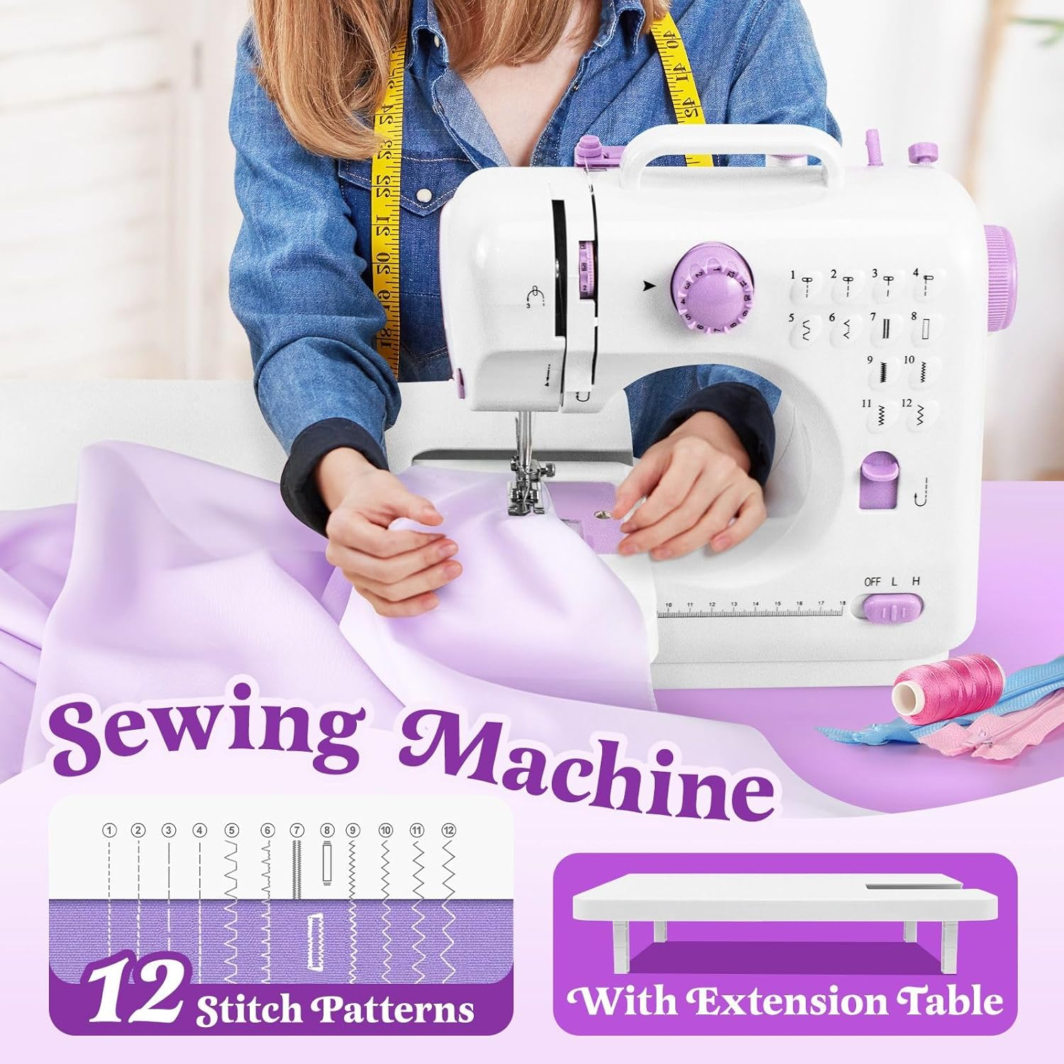 Portable Mini Electric Sewing Machine Sew Set for Beginners with 12 Built-In Stitches 2 Speed with Foot Pedal, Light, Storage Drawer