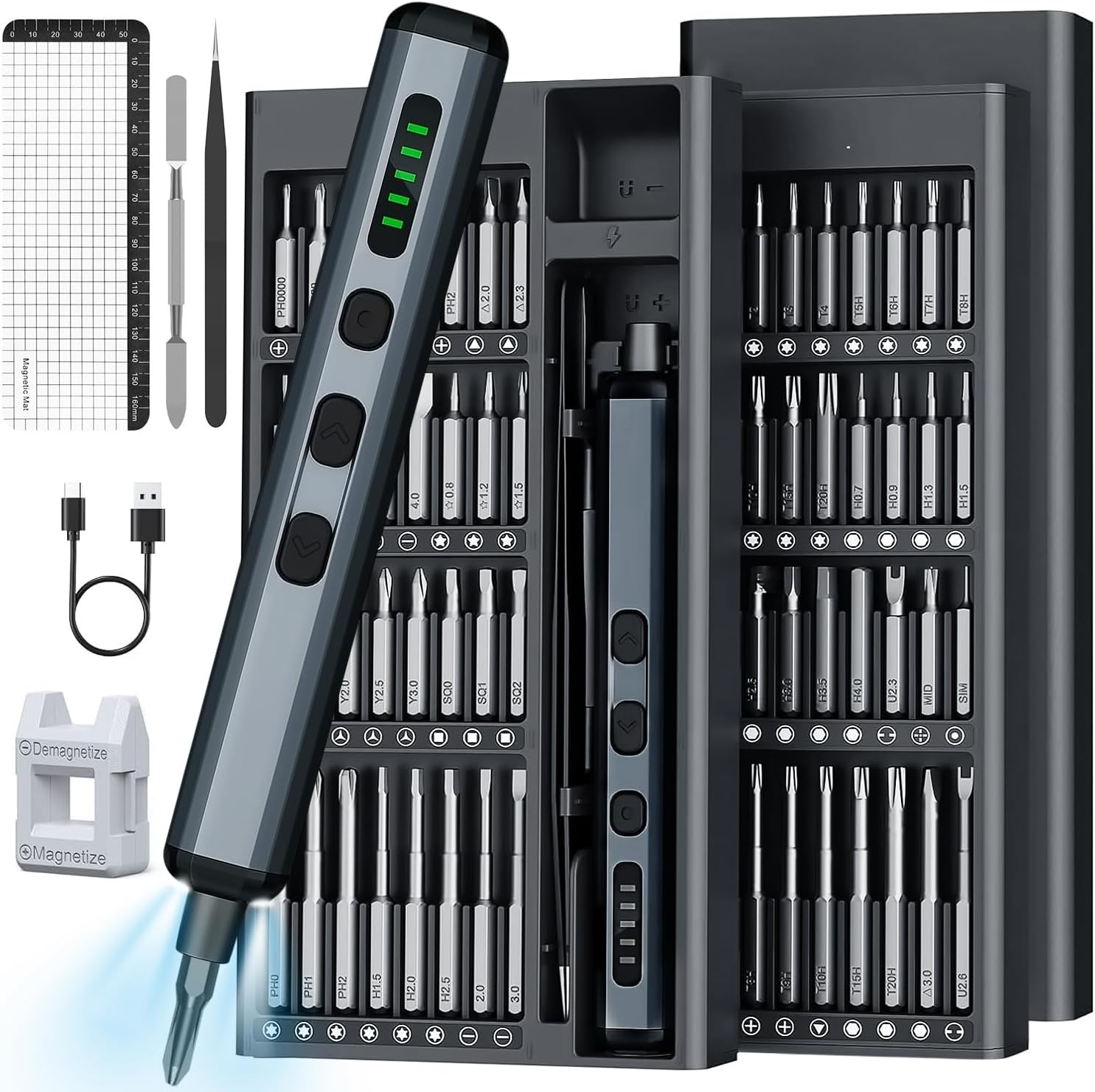 Mini Electric Screwdriver Set,70 in 1 Precision Screwdriver Set,5 Torque Settings, 64 S2 Magnetic Bits, 4 LED Lights, Grey, Cordless, Battery Powered image number 6