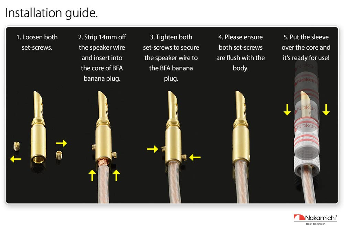 Nakamichi Excel Series 24K Gold Plated Banana Plug 12 AWG - 18 AWG Gauge Size 4Mm Speakers Amplifier Hi-Fi AV Stereo Home Theatre Audio Wire Cable Screw Connector (2 Pcs (1-Pair), BFA Plug) image number 4