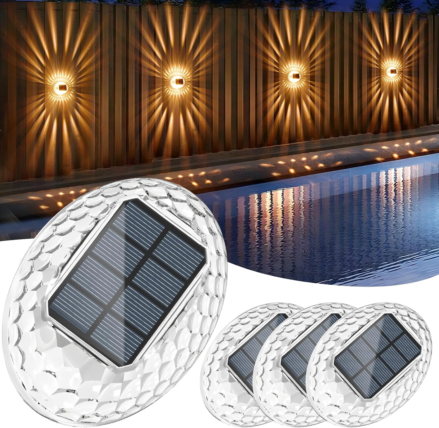 Quntis Warm White Solar Fence Lights 4Pack, 360&deg;Lighting Effect Outdoor Wall Lights, Auto On/Off IP44 Waterproof Garden Security Light for Balcony Stair Garage Road Shed Patio Yard Porch Front Door image number 3