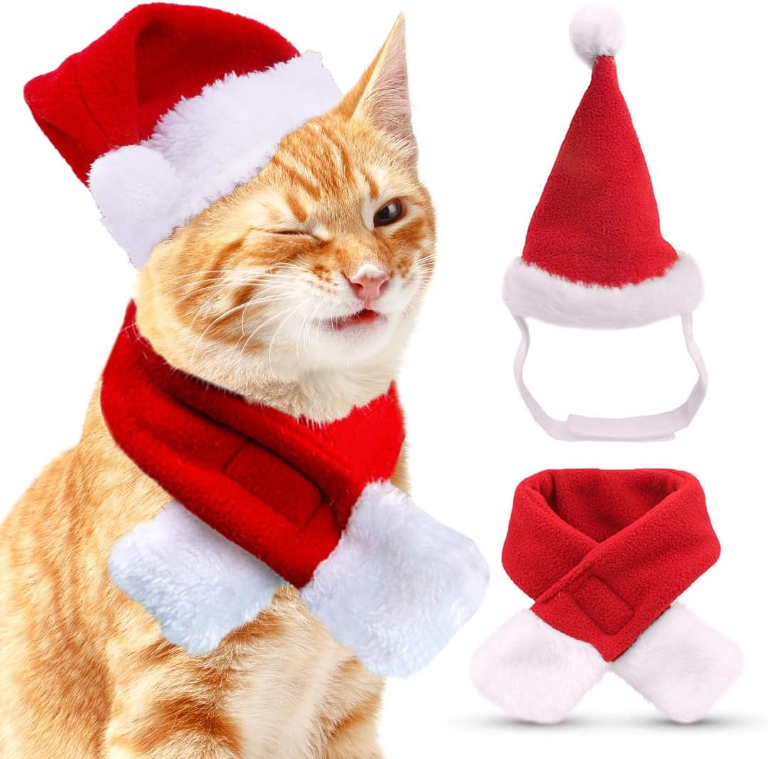 Cat Dog Christmas Costume, Pet Costume Christmas Clothing Christmas Hat and Scarf for Small Dog Cat, Red Cat Clothing, Dog Clothing, Funny Hat, Decoration, Christmas Outfit Gift image number 3