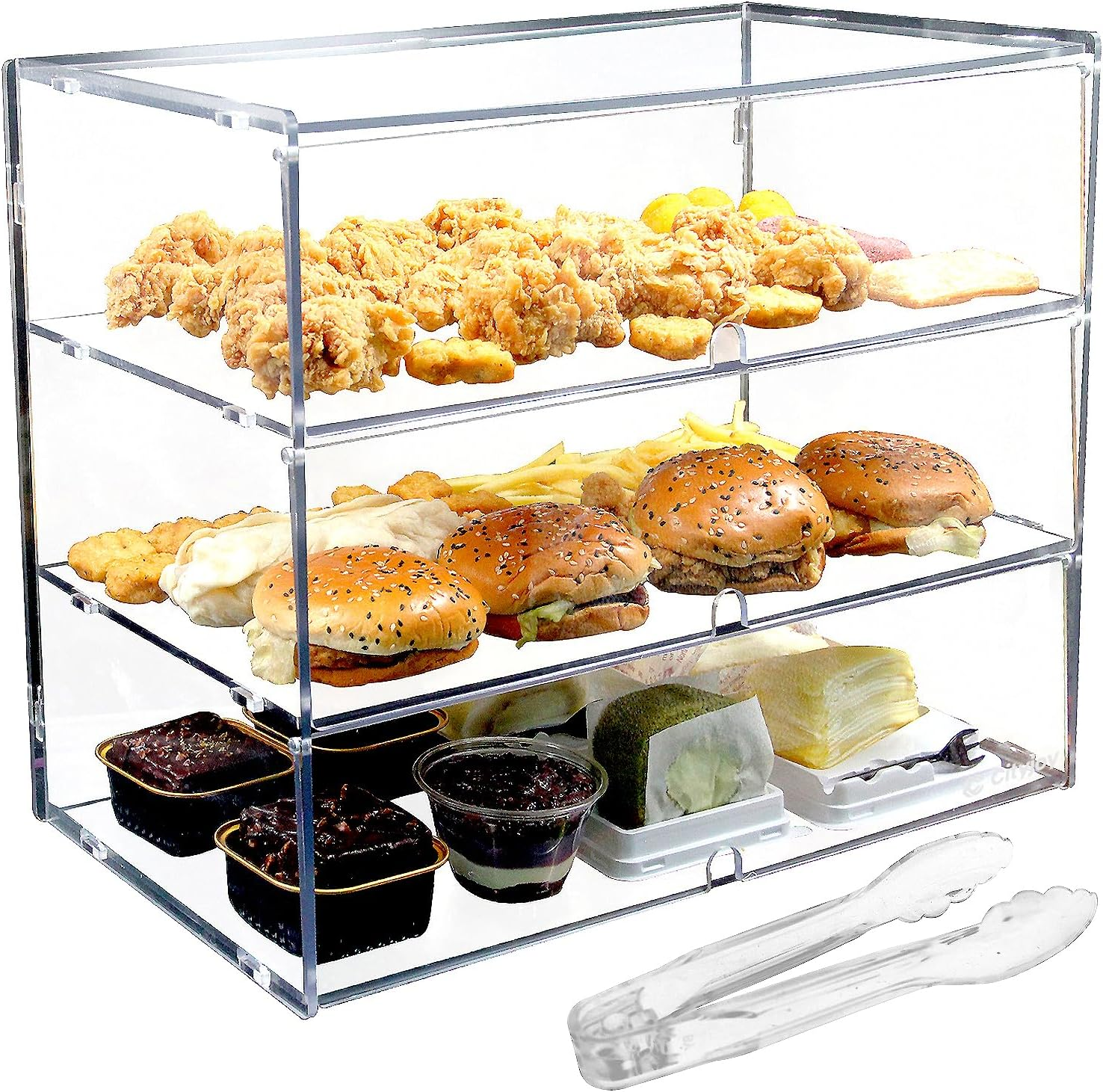 3 Tiers Clear Counter Top Bakery Display Case Pastry Display Cabinet 21.49"X21.92"X11.81" Party Desserts Rack Cake Bread Stand, Food Level PC Panels + Front Doors + Finger Holes + Handel Design