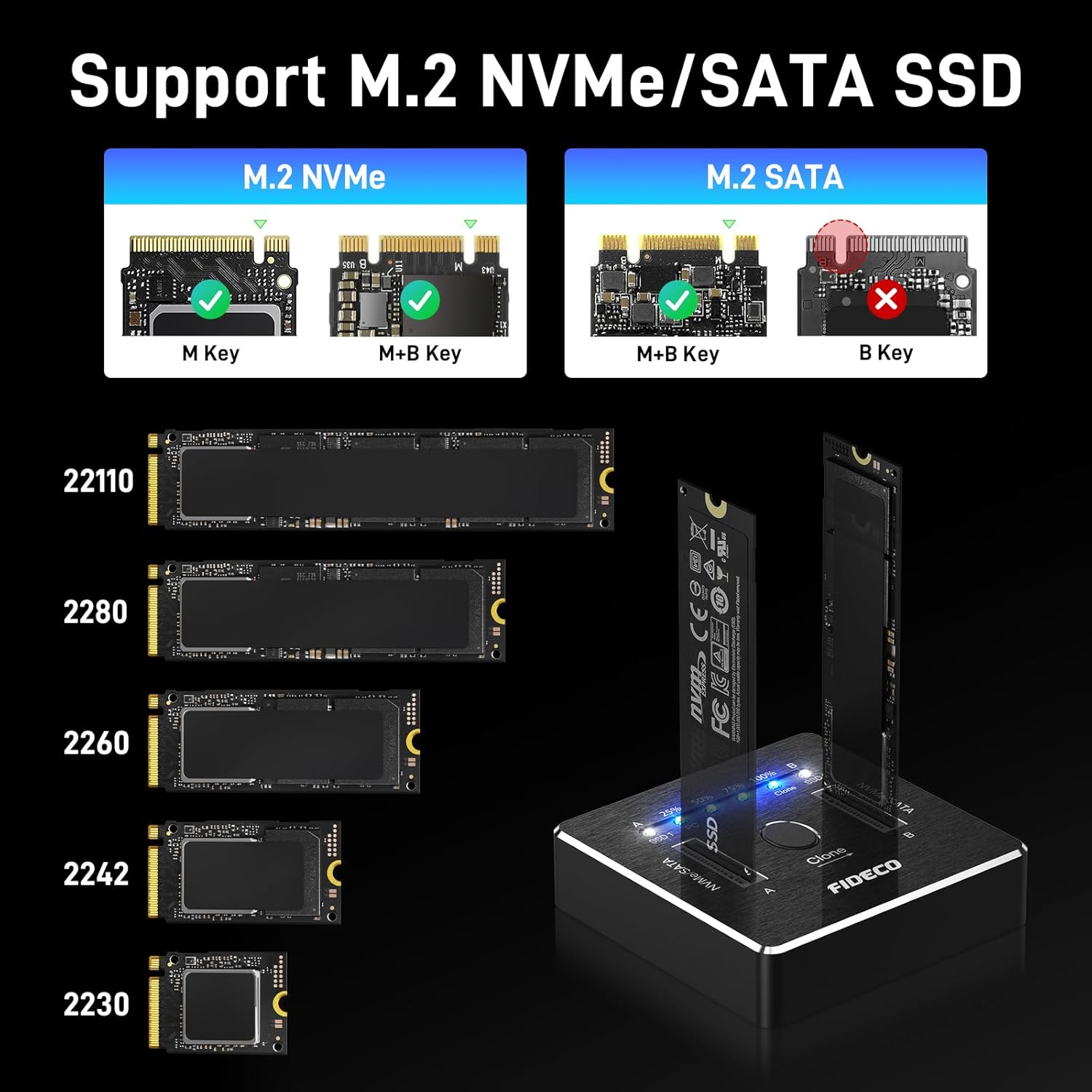 FIDECO M.2 Nvme SATA SSD Cloner Dock, USB 3.2 Gen 2 X 2, 20Gbps Dual Nvme SATA SSD Enclosure, M.2 Duplicator Cloner, Support Offline Clone, UASP and Trim, Aluminum Design image number 5