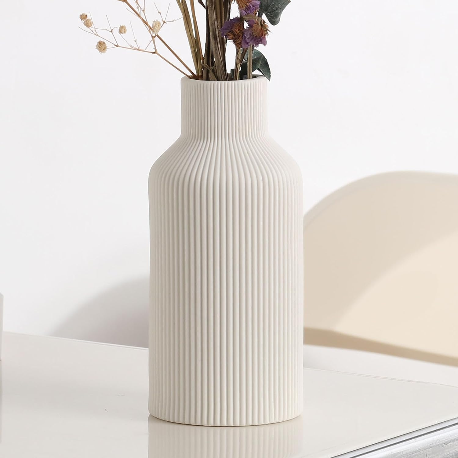 White Ceramic Flower Vase, Minimalist Modern Home Decor, Small Pampas Grass Vases for Table, Shelf Bookshelf, Mantel, Entryway and Centerpieces (8 In) - Orange image number 3