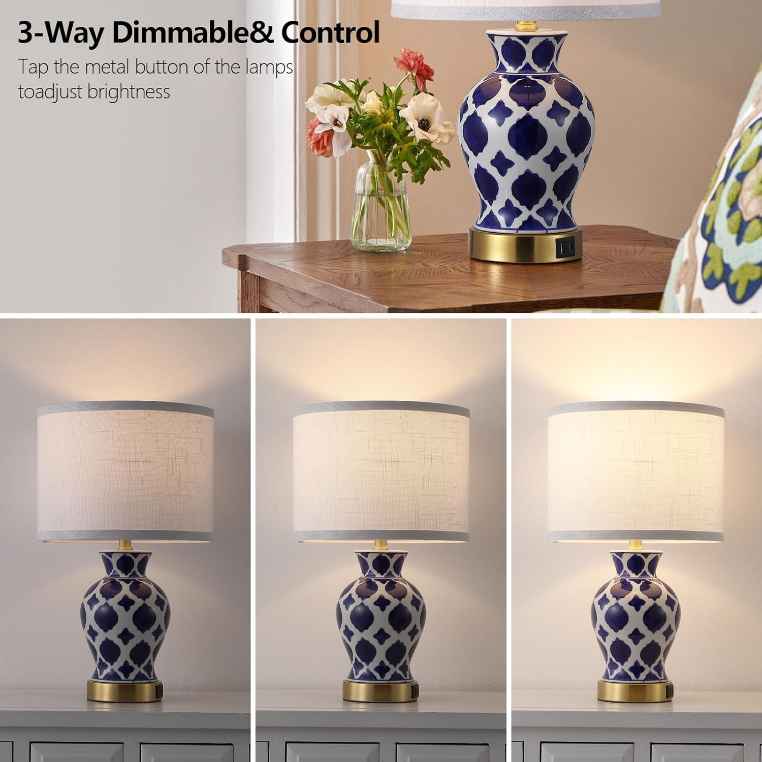 Bedside Table Lamp with USB Ports 2 Pack, 3 Way Dimmable Night Light with Fabric Shade Lampshade, Modern Ceramic Touch Lamp for Bedroom Decor for Living Room Home Office Study, White