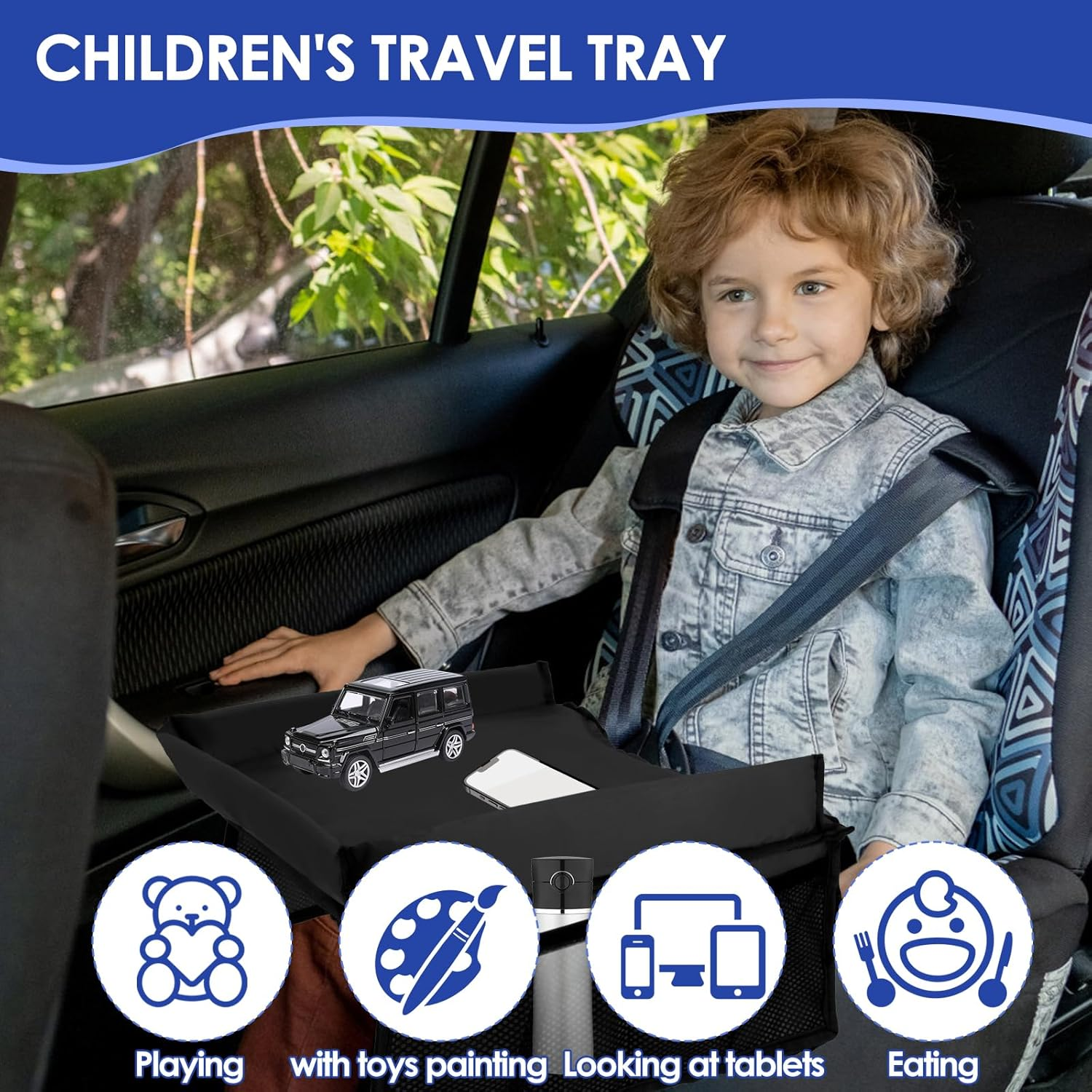 Kid Travel Tray Foldable Kid Car Tray Toddler Car Seat Tray with Adjustable Shoulder Strap and Pocket Car Lap Tray Practical Car Seat Table Tray for Kids Travel Airplane Outdoor 15.7&times;12.6&times;7.87 Inch