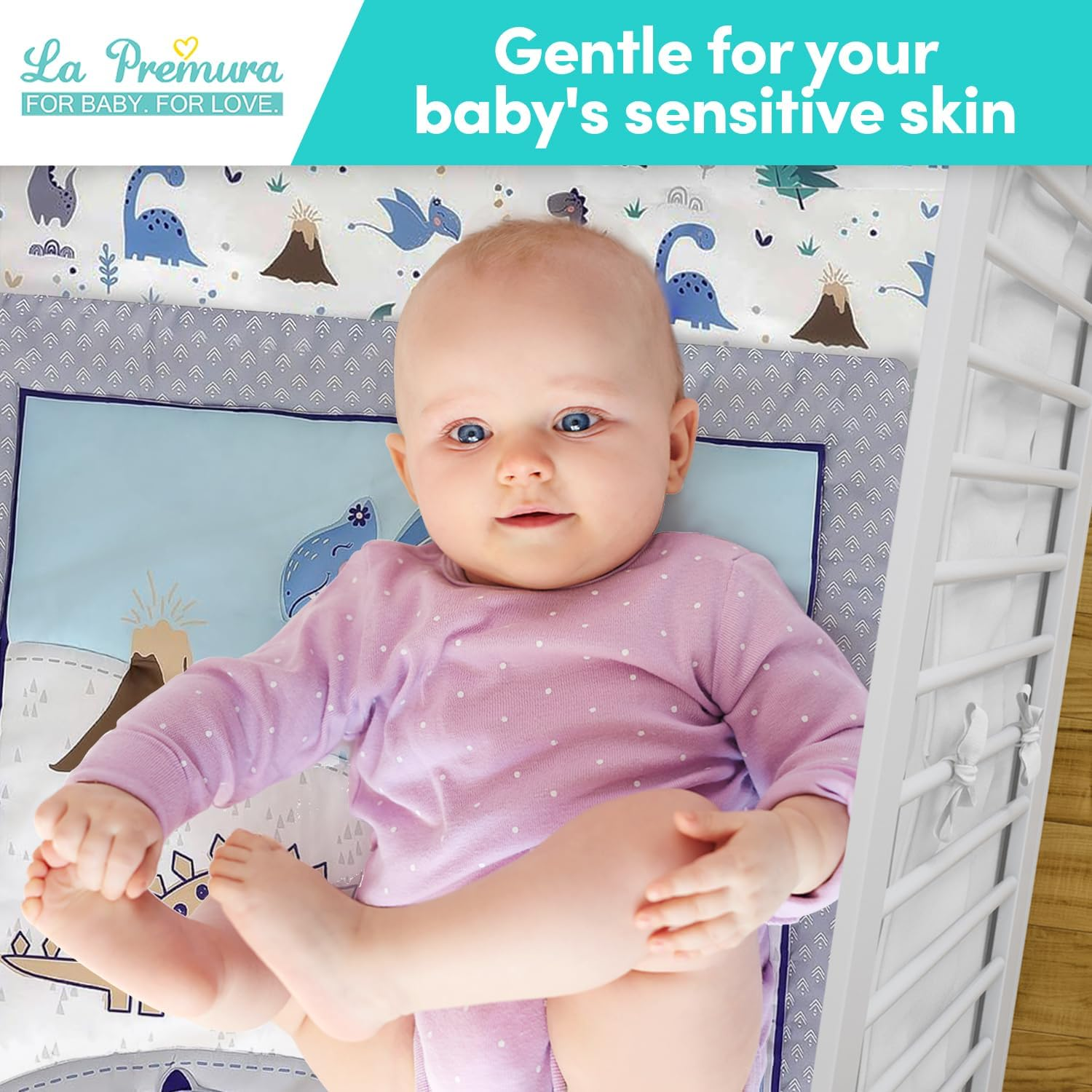 La Premura Dinosaur Baby Nursery Crib Bedding Set &ndash; Dinosaur 3 Piece Standard Size Crib Set, Grey/Blue - Unisex Nursey Bedding and Neutral Decor image number 1