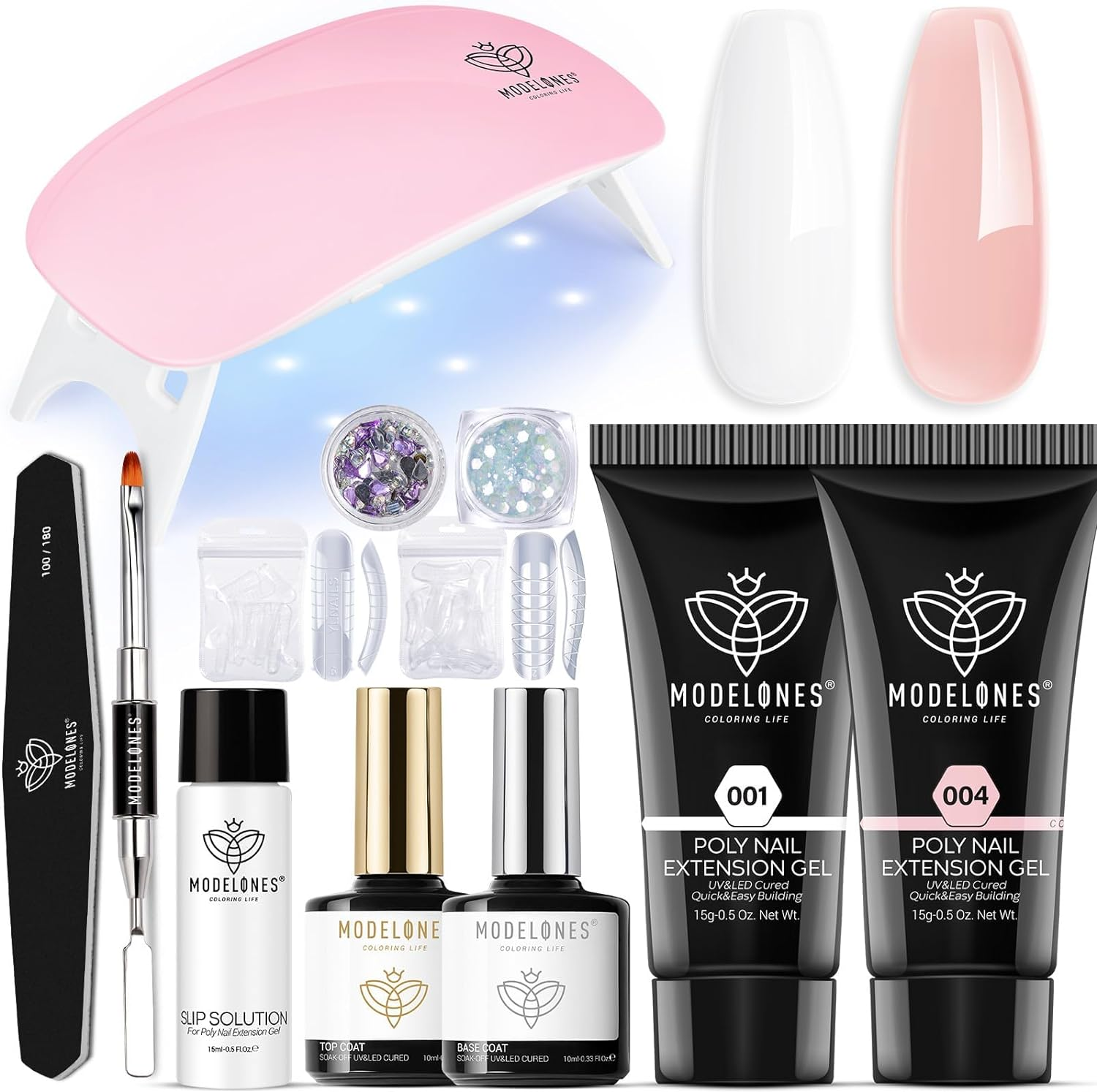 Modelones Poly Nail Gel Kit Builder Extension Gel Nude White French Nail Colors with Mini Nail Lamp Slip Solution Rhinestone Nail Manicure All-In-One Kit DIY Nail Art Design Beginner Kit Gift image number 3