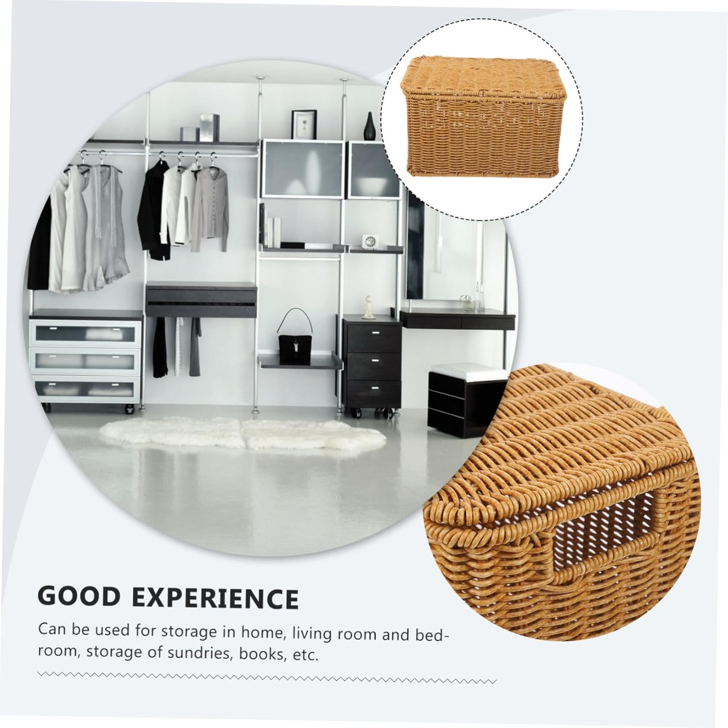 BUTIFULSIC Woven Storage Basket with Lid Multipurpose Household Organizer for Clothes Sundries Handcrafted Rattan Box for Bedroom and Living Small with Handles image number 6