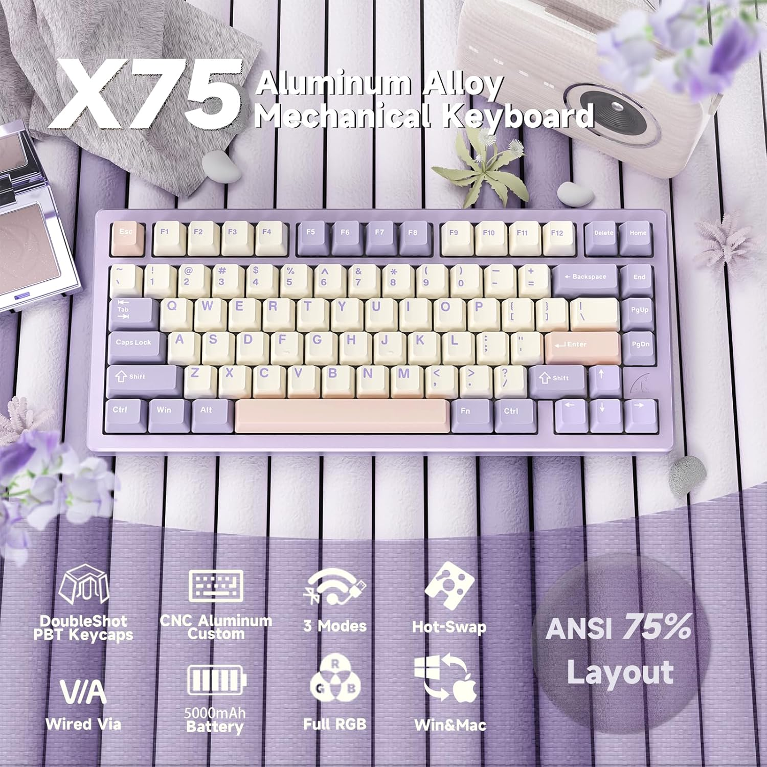 Lexonelec X Attack Shark X75 CNC Aluminum 75% Wireless Gaming Keyboard, Tri Mode-Bt/2.4G/Wired, Hot-Swap Gasket Mounted RGB Mechanical Keyboard, 5000Mah Battery, via Web Driver for Win/Mac-Purple image number 3