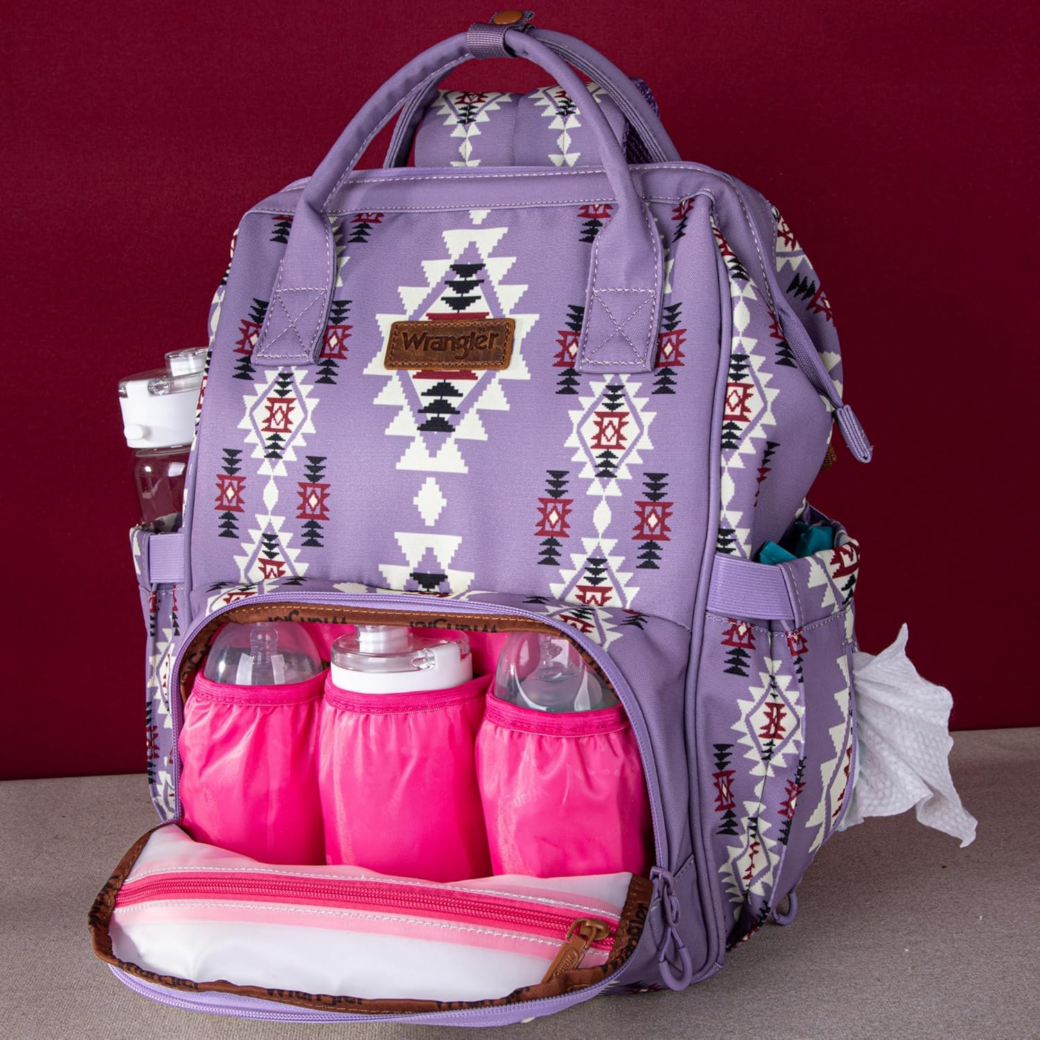 Montana West X Wrangler Aztec Backpack for Women Casual Daypack Travel Bags with Side Bottle Pockets - 3Pcs Light Pink image number 2