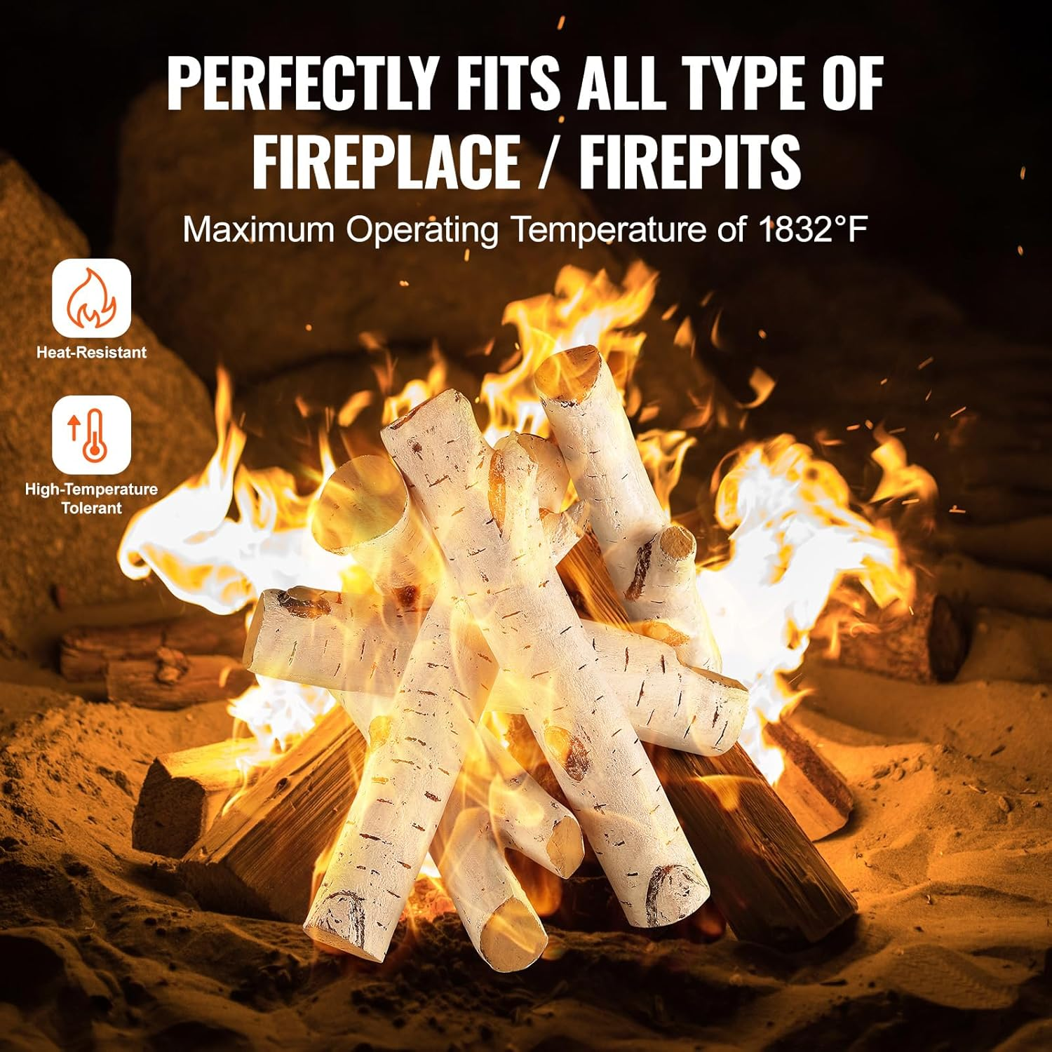 VEVOR 6 Pcs Large Withe Birch Logs, Gas Fireplace Ceramic Logs for Fire Place, Heat-Resistant Wood Log Gas Realistic Logs, Stackable Wood Branches for Gas Fireplace, Firebowl Indoor or Outdoor image number 4