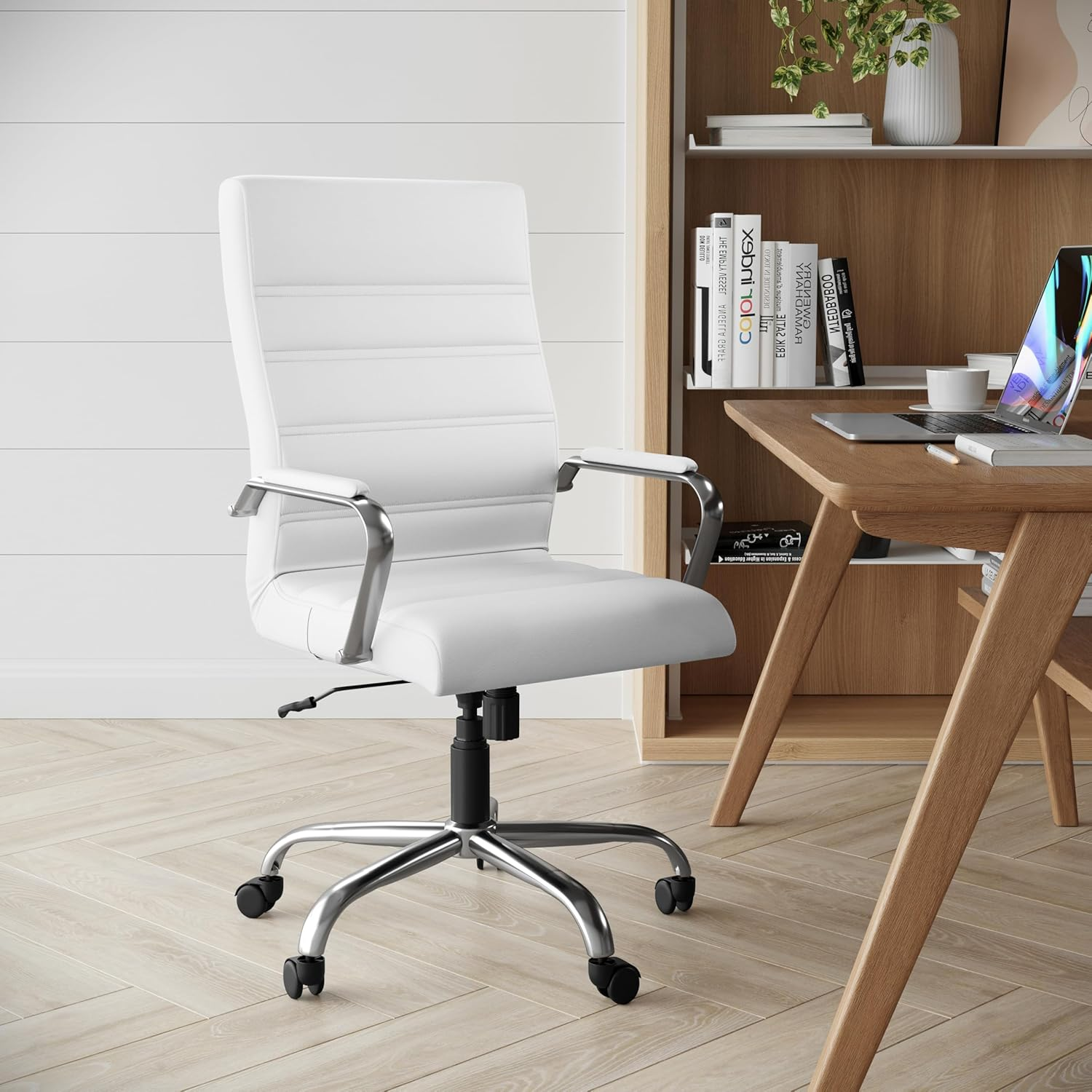 Flash Furniture High Back Office Chair | White Leathersoft Office Chair with Wheels and Arms image number 6