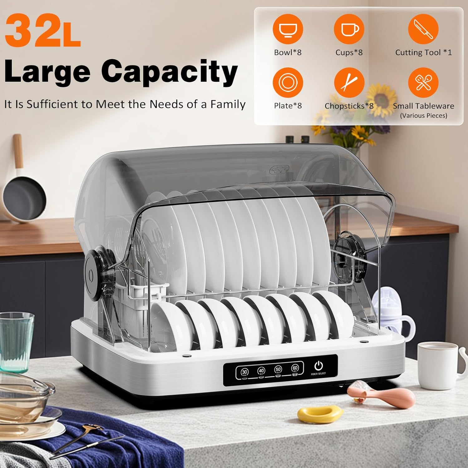 Advwin Steriliser Cabinet 32L with Hot Air Drying, 260W Dish Sterilizer Machine with Timer, Touch Control Countertop Disinfection Cabinet for Kitchen, Stainless Steel Dryer with Water Tray image number 3