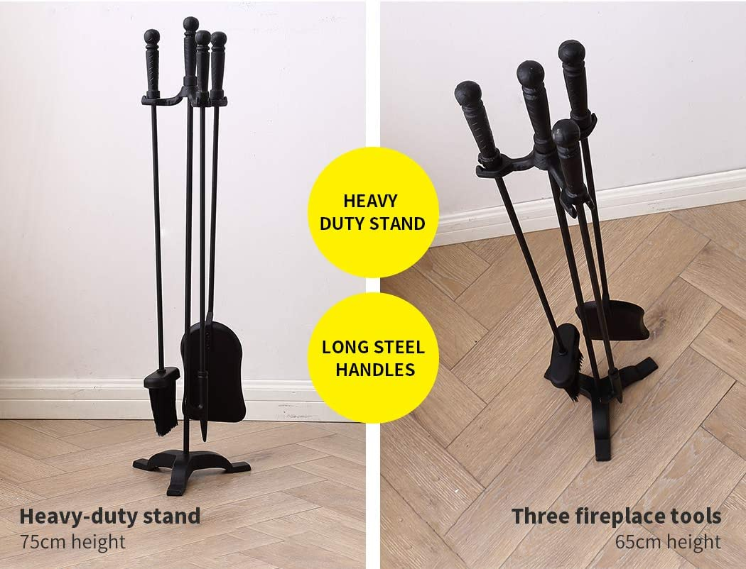 Traderight Fireplace Tool Set with Stand, 4PCS Cast Iron Firepit Tools Accessories Fire Place Poker Brush Shovel Stand image number 1