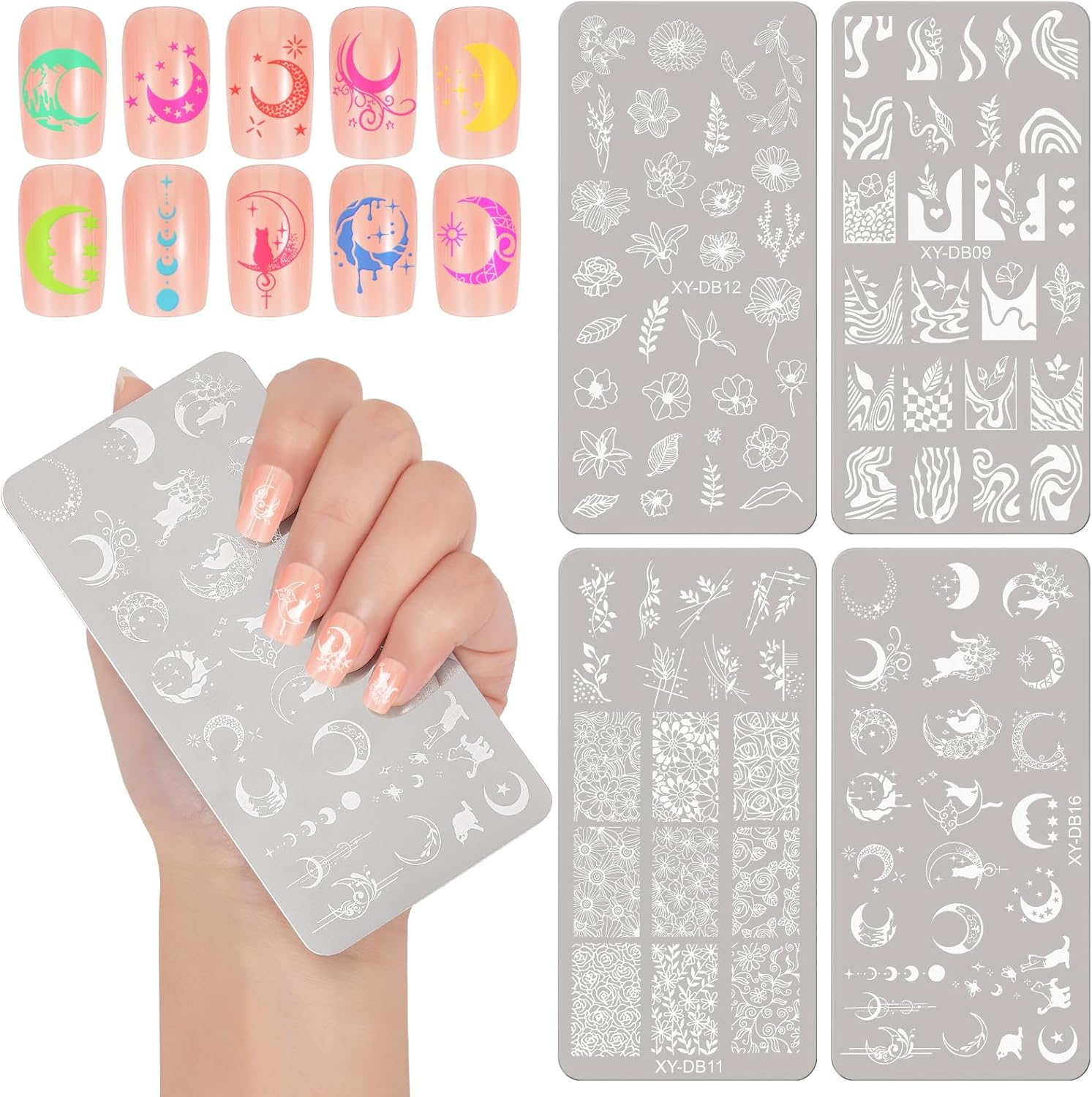 MWOOT 4 Pieces Nail Stencil Stamp Set, Stripes Lines Flower Leaves Moon Cat Theme Stamp Nail Design, French Nail Art Stamping Plates Nail Stamping Manicure Tool Kit image number 6