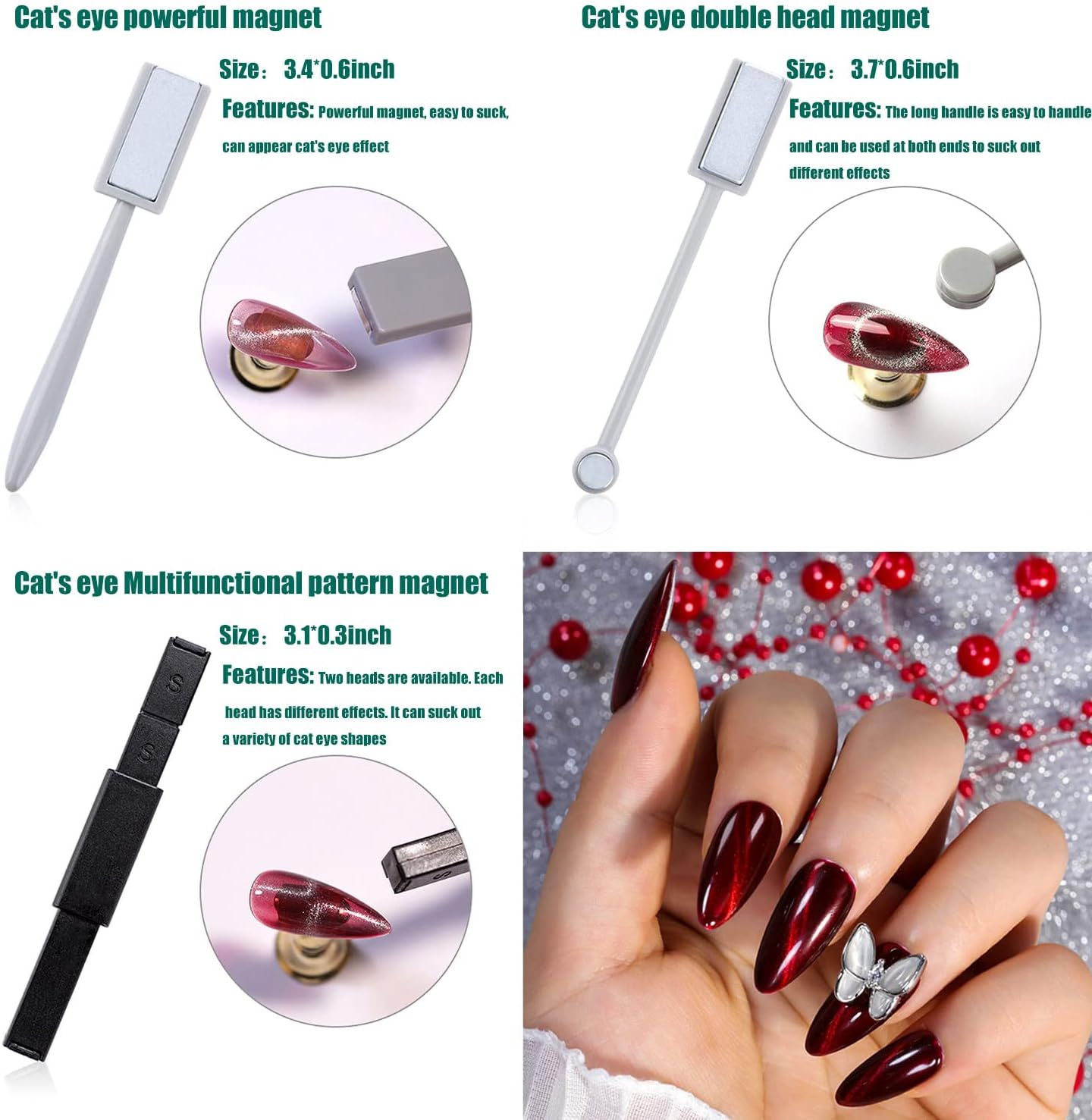 JERCLITY 7 Pieces Cat Eye Magnet for Nails Double-Head Nail Magnetic Stick Multi-Function Magnet Board Square Thickened Cat Eye Strong Magnet Plate Nail Magnet Tool Set for Cat Eye Gel Polish Nail Art image number 1