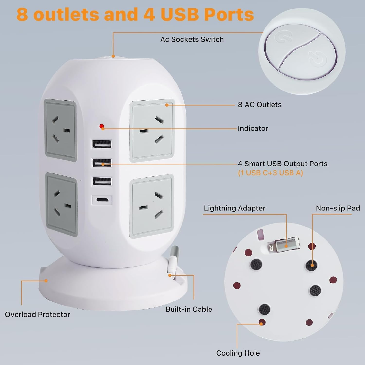 Tower Surge Protector Power Strip 10 Ft, Long Extension Cord with Multiple Outlets, 8 AC Outlets with 4 USB Ports (1 USB C), Charging Station Surge Protection, for Home Office Dorm (White)