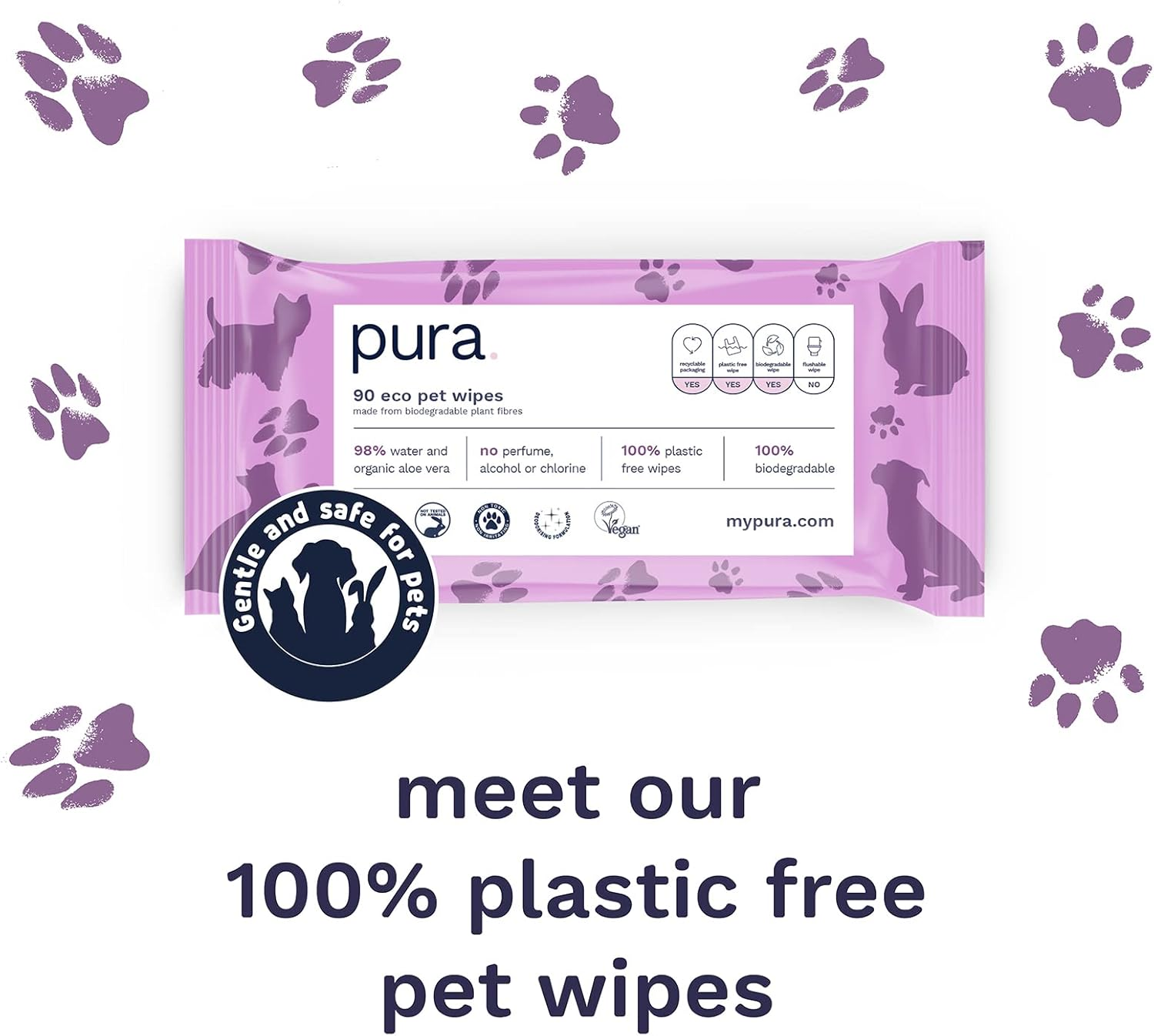 Pura Eco Pet Wipes for Dogs, Cats & Rabbits. 100% Plastic Free, 100% Biodegradable, Vegan. Great for Muddy Paws, Coats, Bottoms, Grooming & Cleaning Bulk Pack of 360 Wipes image number 2