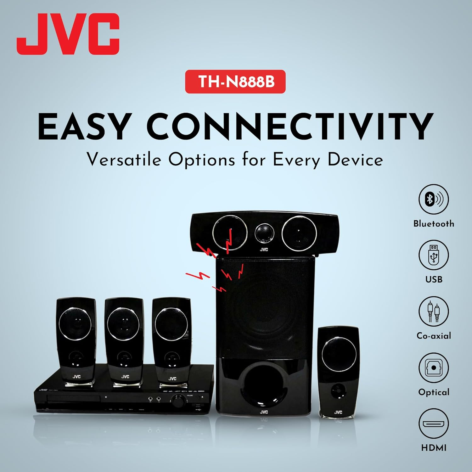 JVC Home Theatre System | 5.1 Surround Sound System for TV | Portable DVD Player with 5 X 60W Passive Speakers & 150W Powered Subwoofer | Digital Amplifier, Karaoke Function, Bluetooth, USB (TH-N888B) image number 1