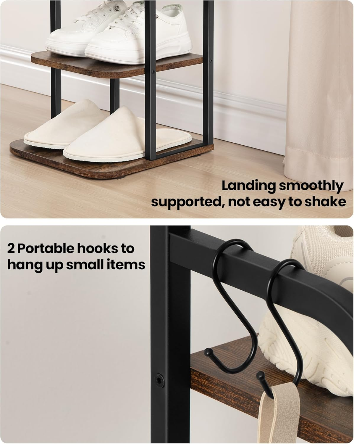 Hzuaneri Vertical Shoe Rack, Shoe Shelves, Wood Shoe Organizer for Closet, Entryway, Shoe Tower for Small Spaces, Free Standing, Adjustable, with 2 Hooks, 8 Tier Rustic Brown SR04301B image number 3