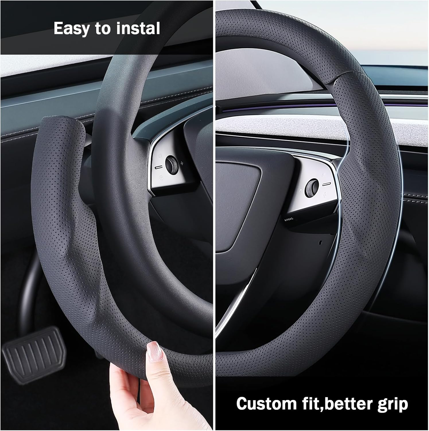 Steering Wheel Cover for Tesla Model 3 2024-Present Highland/Tesla Model Y Juniper 2025-Present, Leather Steering Wheel Cover for Tesla Model 3 Highland/Y Juniper Accessories, Black image number 3