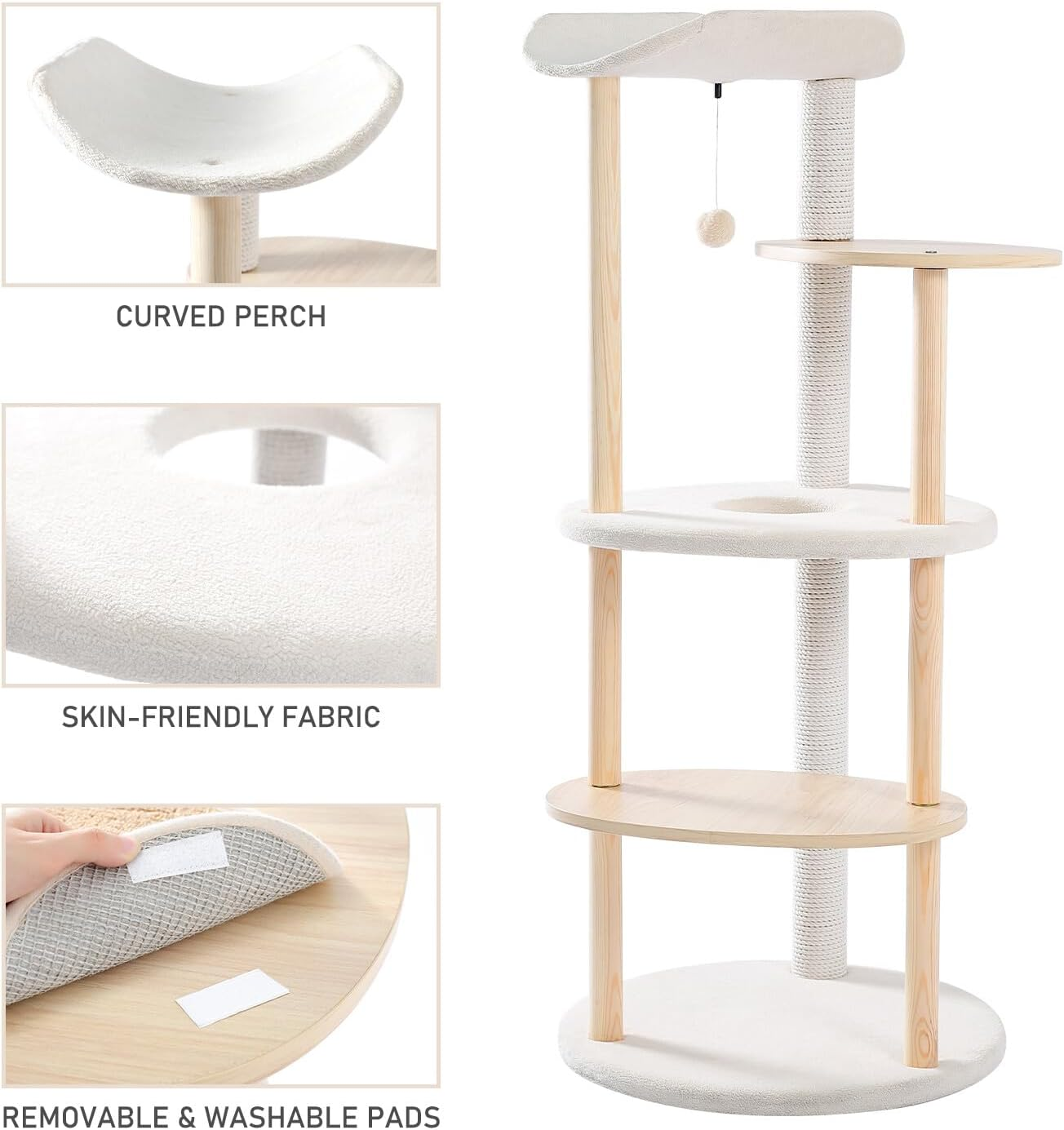 PAWZ Road Wooden Cat Tree for Indoor Large Cats, 124.5Cm Modern Cat Tower with 4 Cotton Rope Covered Scratching Posts, 6 Wood Posts, Super Large Platform and Pompom image number 3